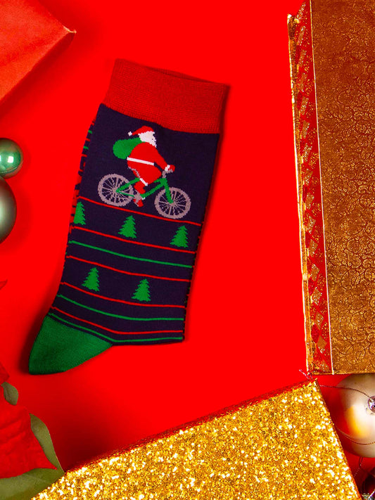 Men's Bamboo Socks - Navy Blue/Red, Cycling Santa