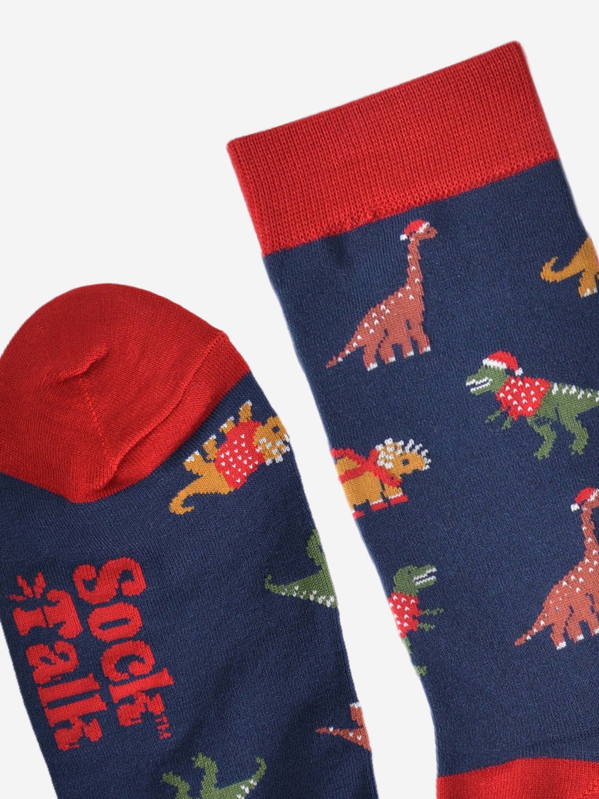 close up of the toe and cuff which are red and in contrast to the navy blue of the socks