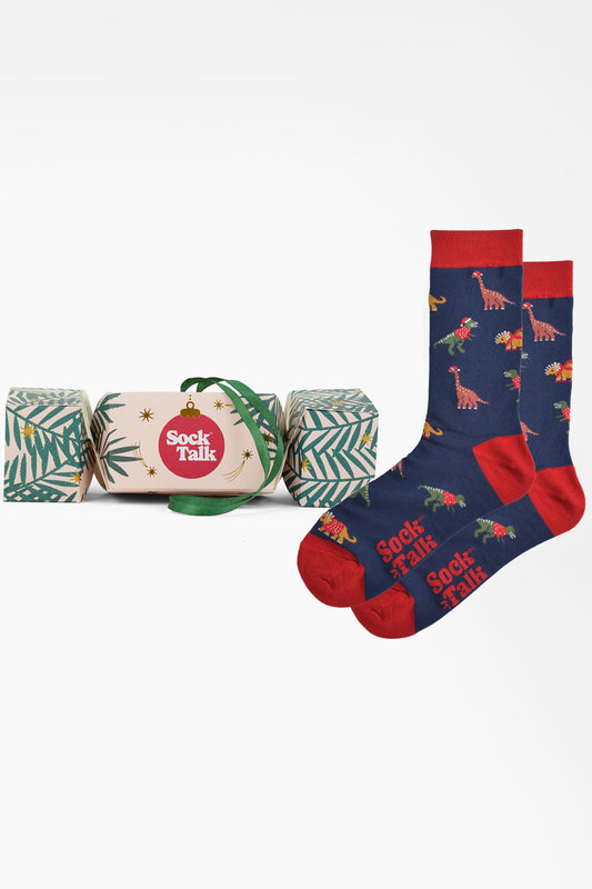 Men's Bamboo Crew Socks Christmas Cracker Gift Box - Navy Blue/Red, Christmas Dinosaurs