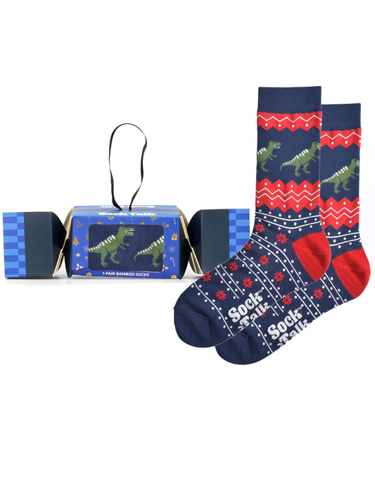 T-Rex-Dinosaur-Bamboo-Crew-Socks-Christmas-Cracker-Gift-Box-in-Navy Blue/Red