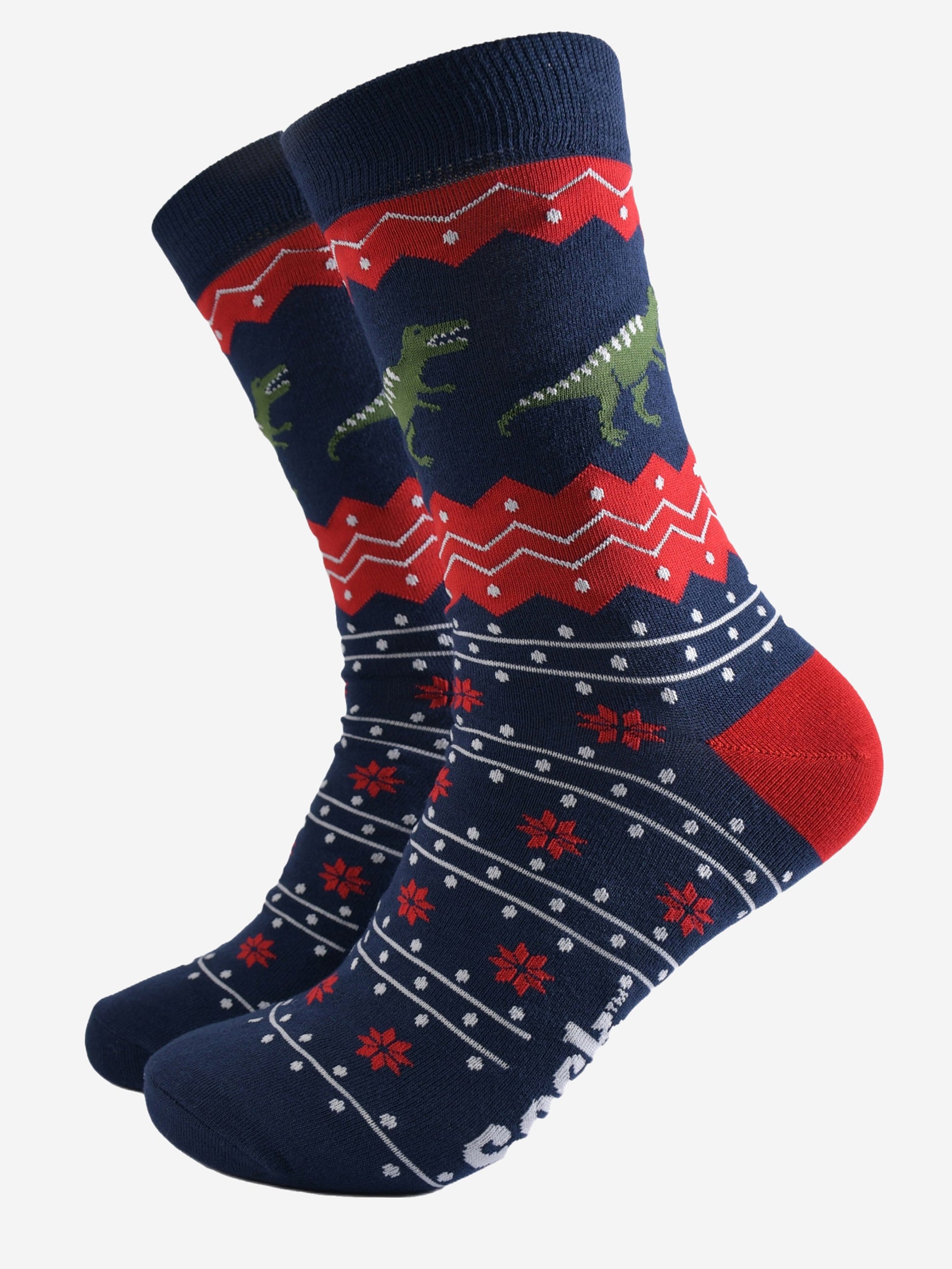 navy blue and red fair isle style dress socks with green T-Rex dinosaurs around the ankle