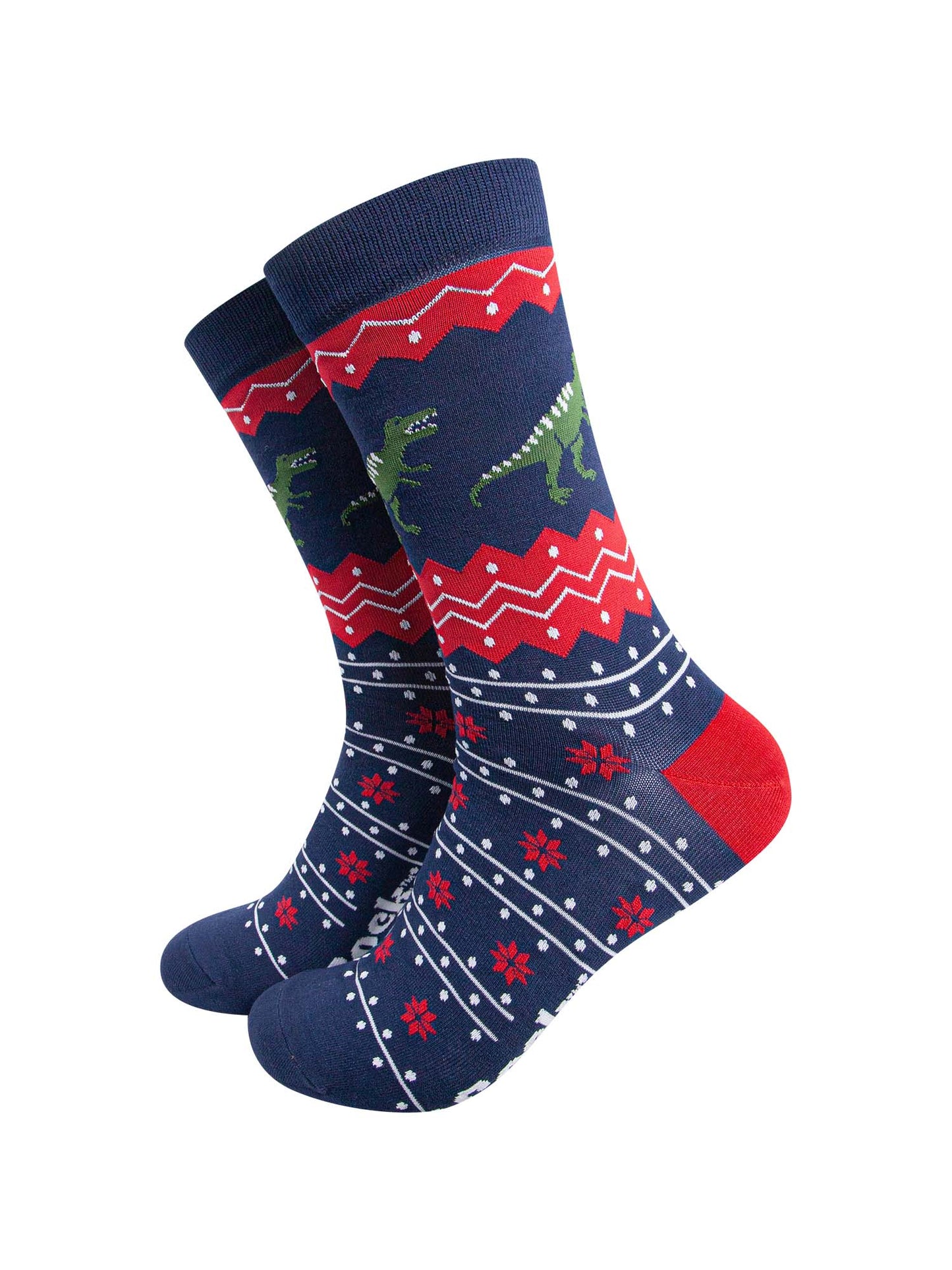 navy blue and red fair isle style dress socks with green T-Rex dinosaurs around the ankle
