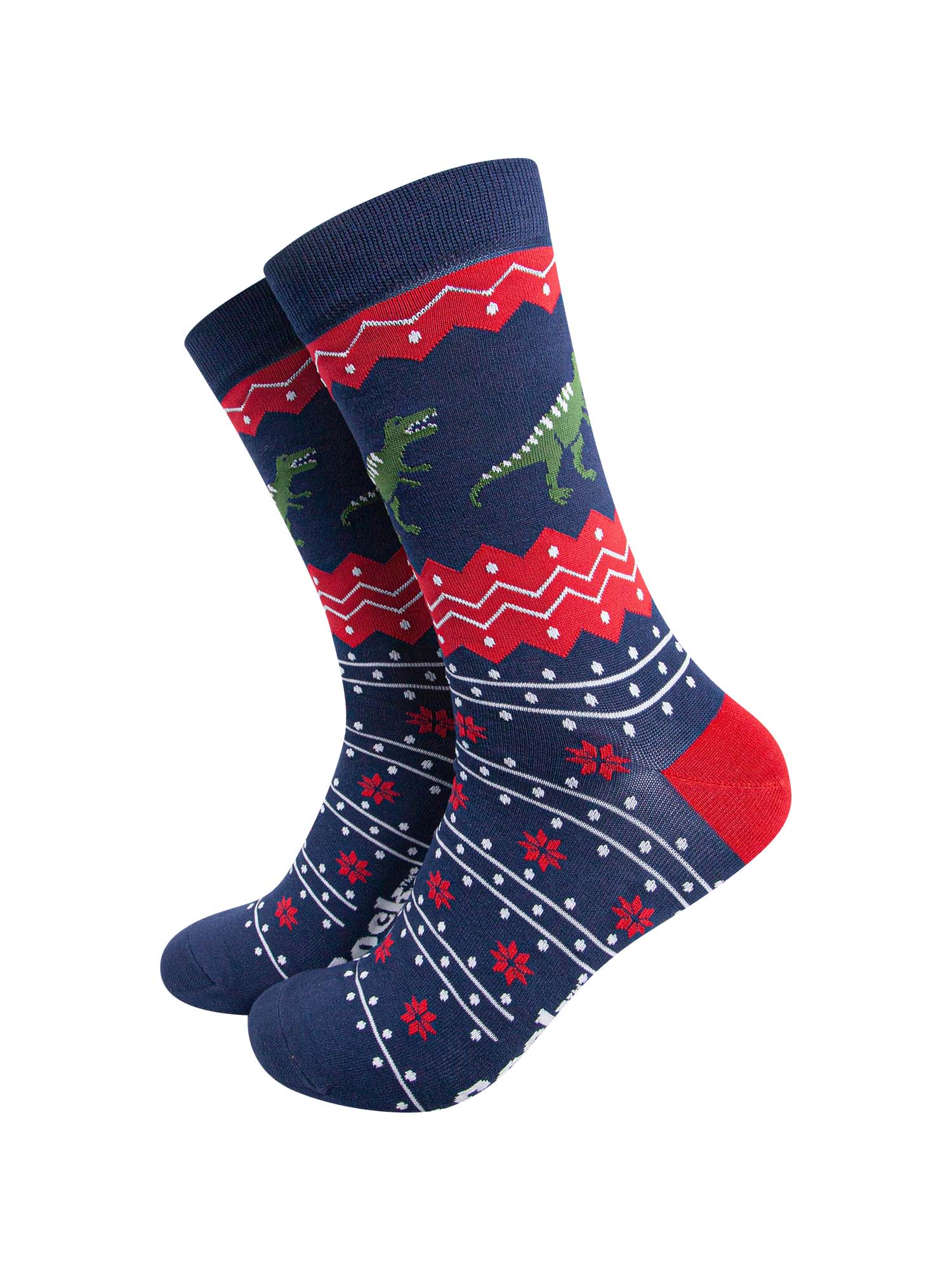 navy blue and red fair isle style dress socks with green T-Rex dinosaurs around the ankle
