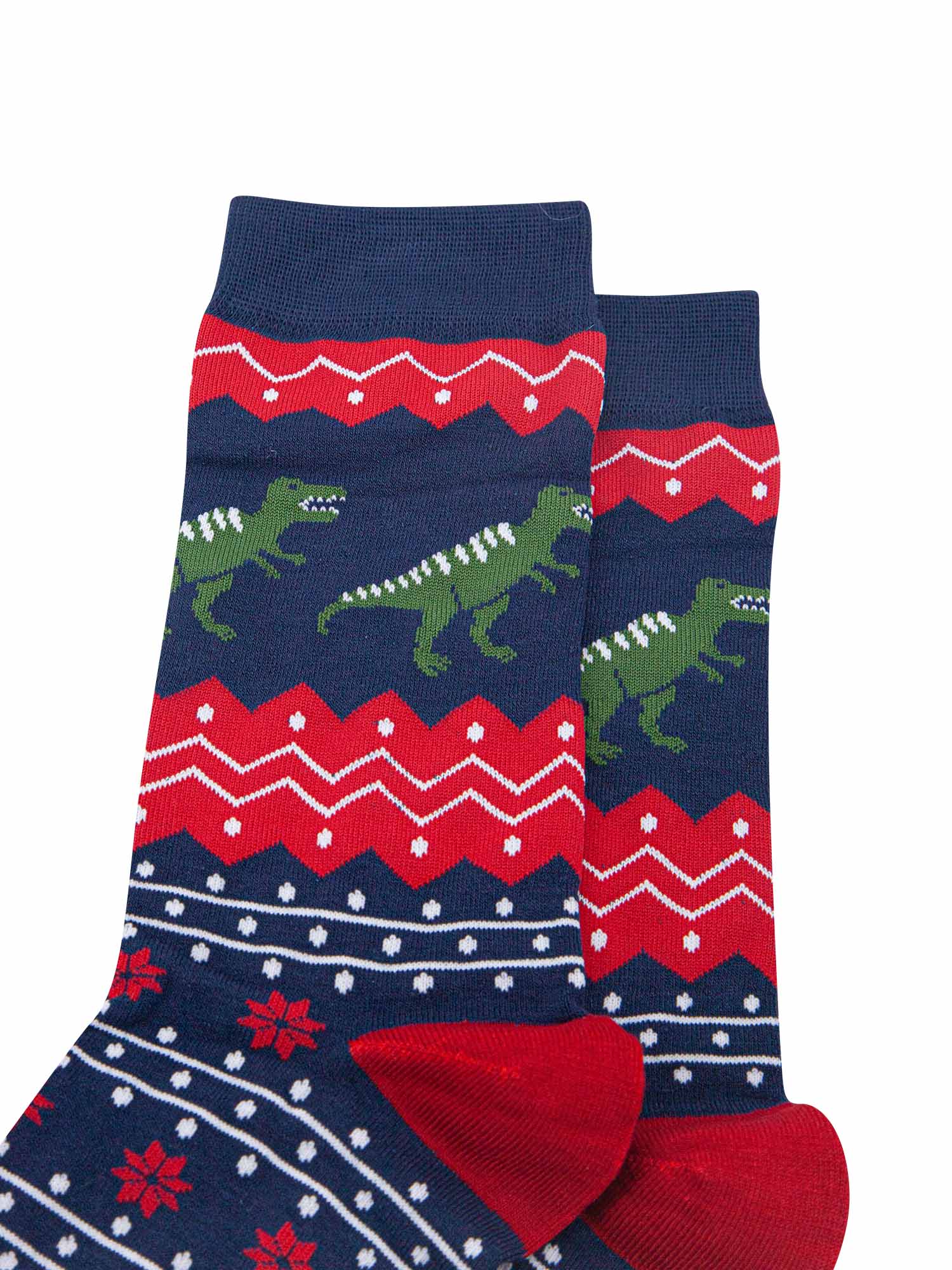 close up of the t-rex dinosaurs on the ankle of the socks, the dinos are green with white stripes on their backs