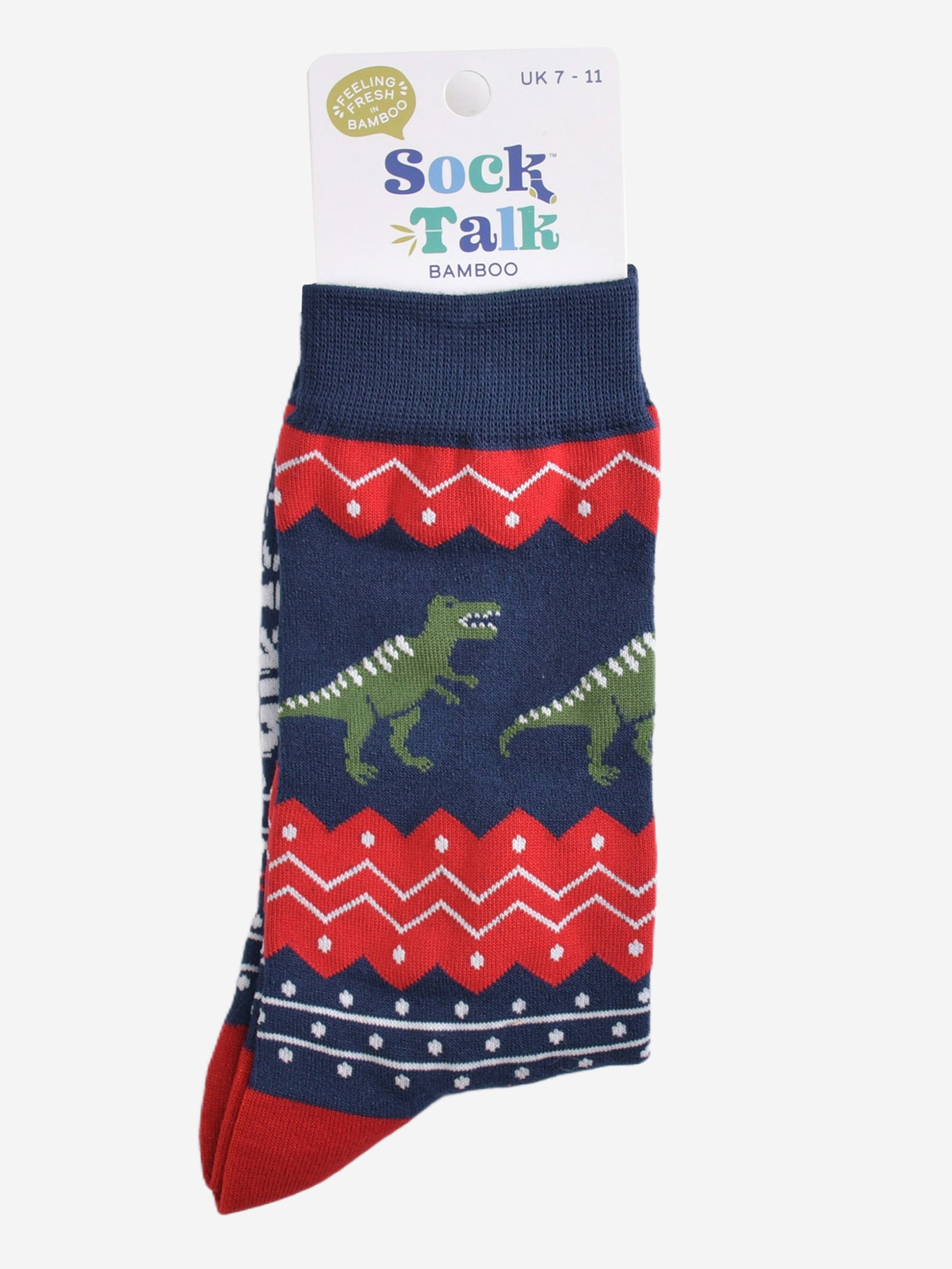fair isle t-rex bamboo socks in their sock talk packaging, these socks are a uk size 7-11