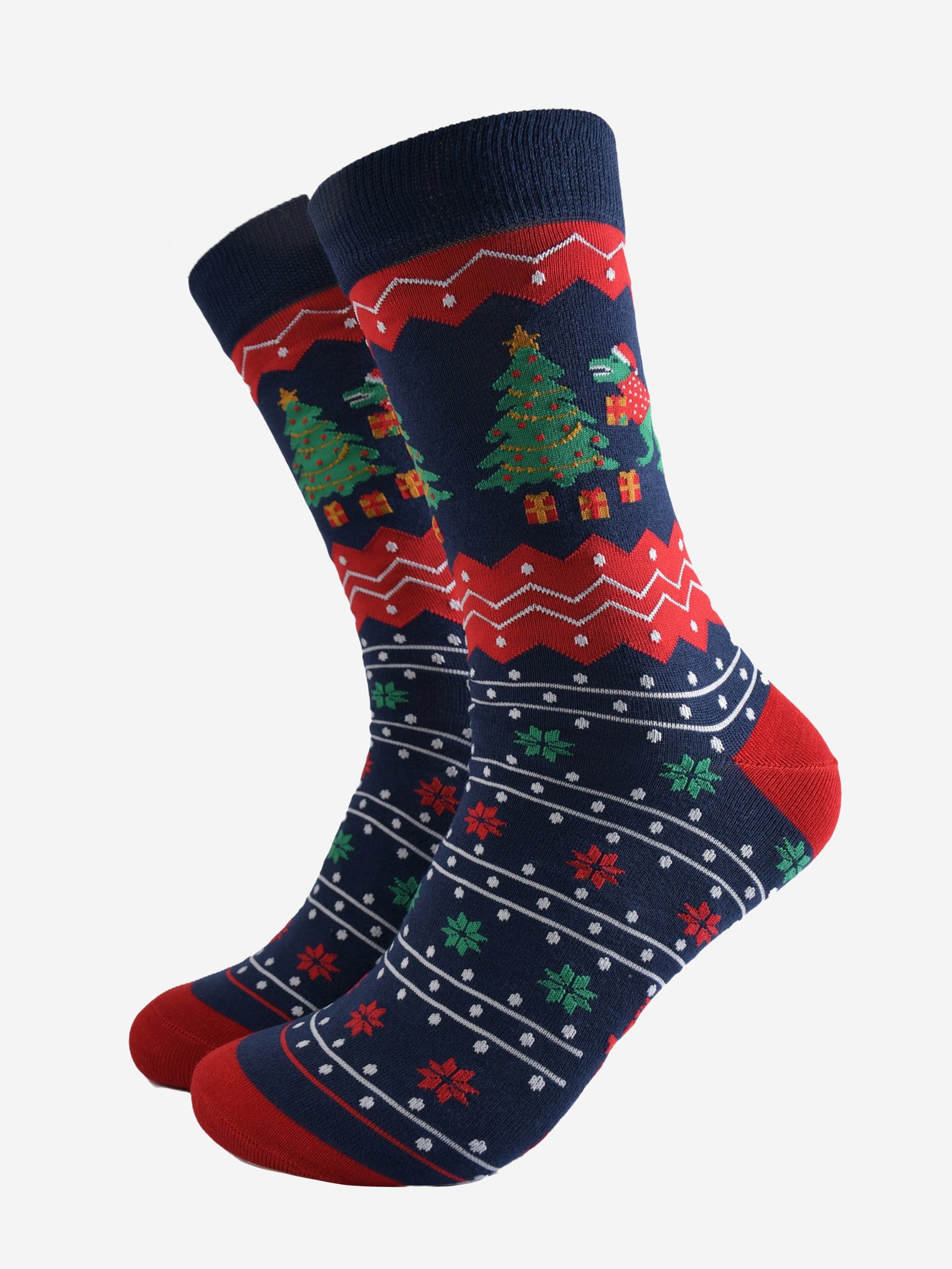 navy blue and red dress socks with a fair isle style pattern, featuring a T-rex dinosaur and a christmas tree