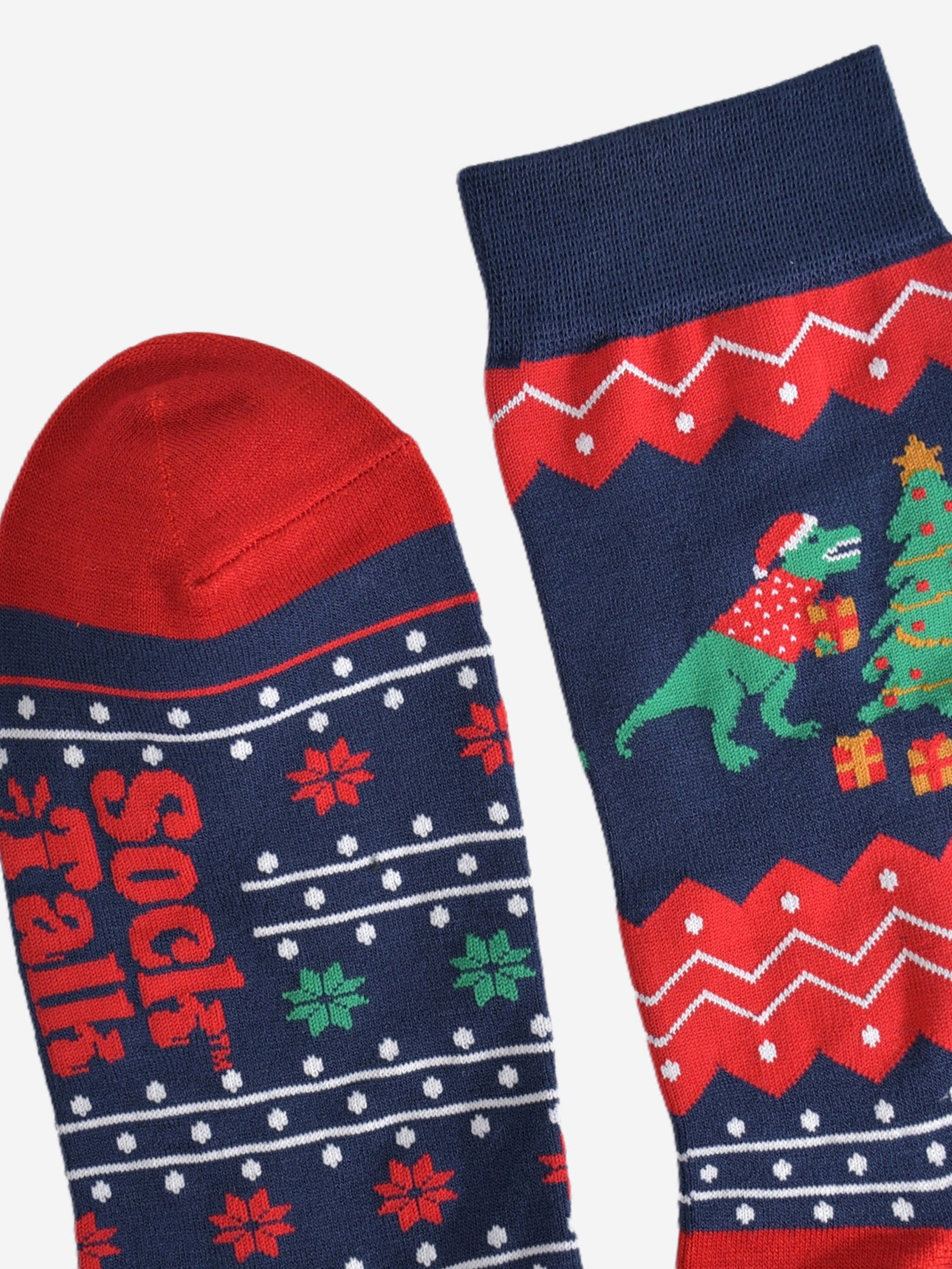 showing the cuff and toe of the socks, the cuff is navy blue and the toe is red