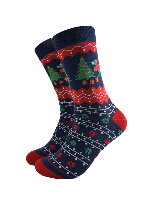 navy blue and red dress socks with a fair isle style pattern, featuring a T-rex dinosaur and a christmas tree