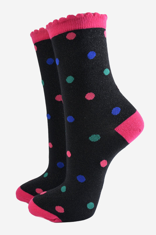 Women's Glitter Socks - Black/Multi, Medium Polka Dot