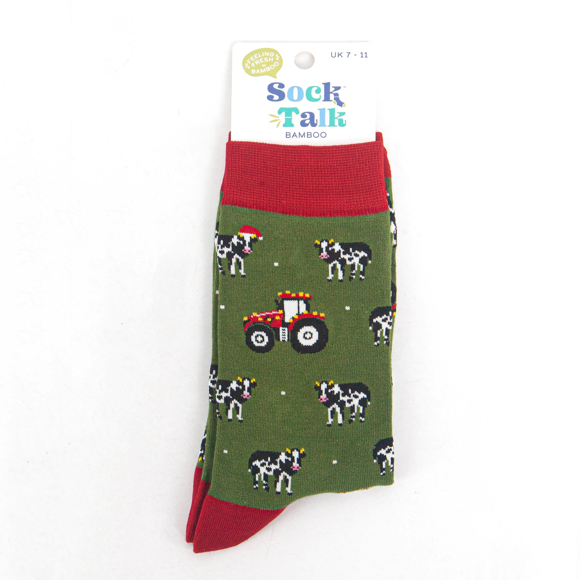cow and tractor christmas bamboo socks in their sock talk packaging, these socks are a uk size 3-7