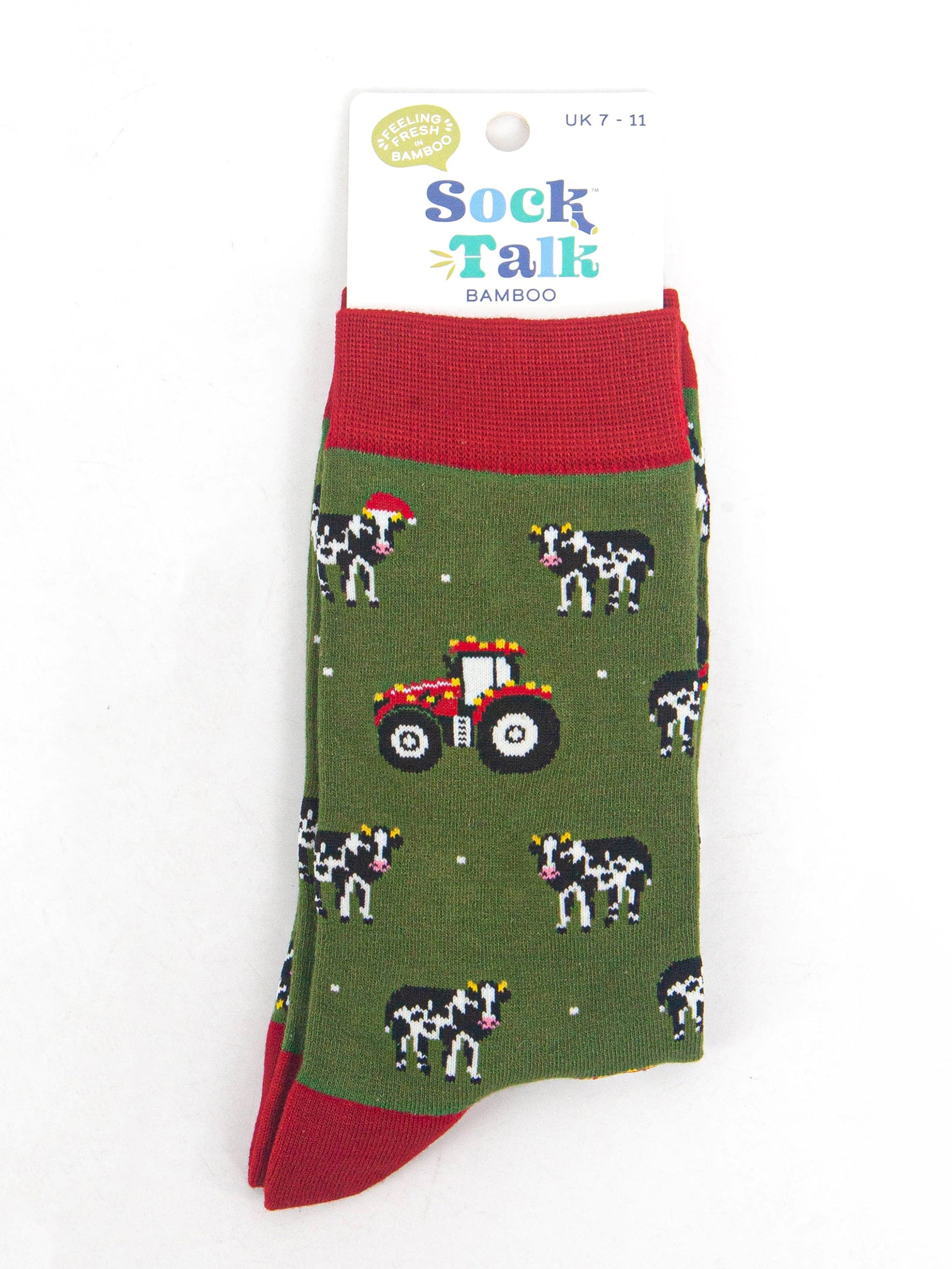 cow and tractor christmas bamboo socks in their sock talk packaging, these socks are a uk size 3-7