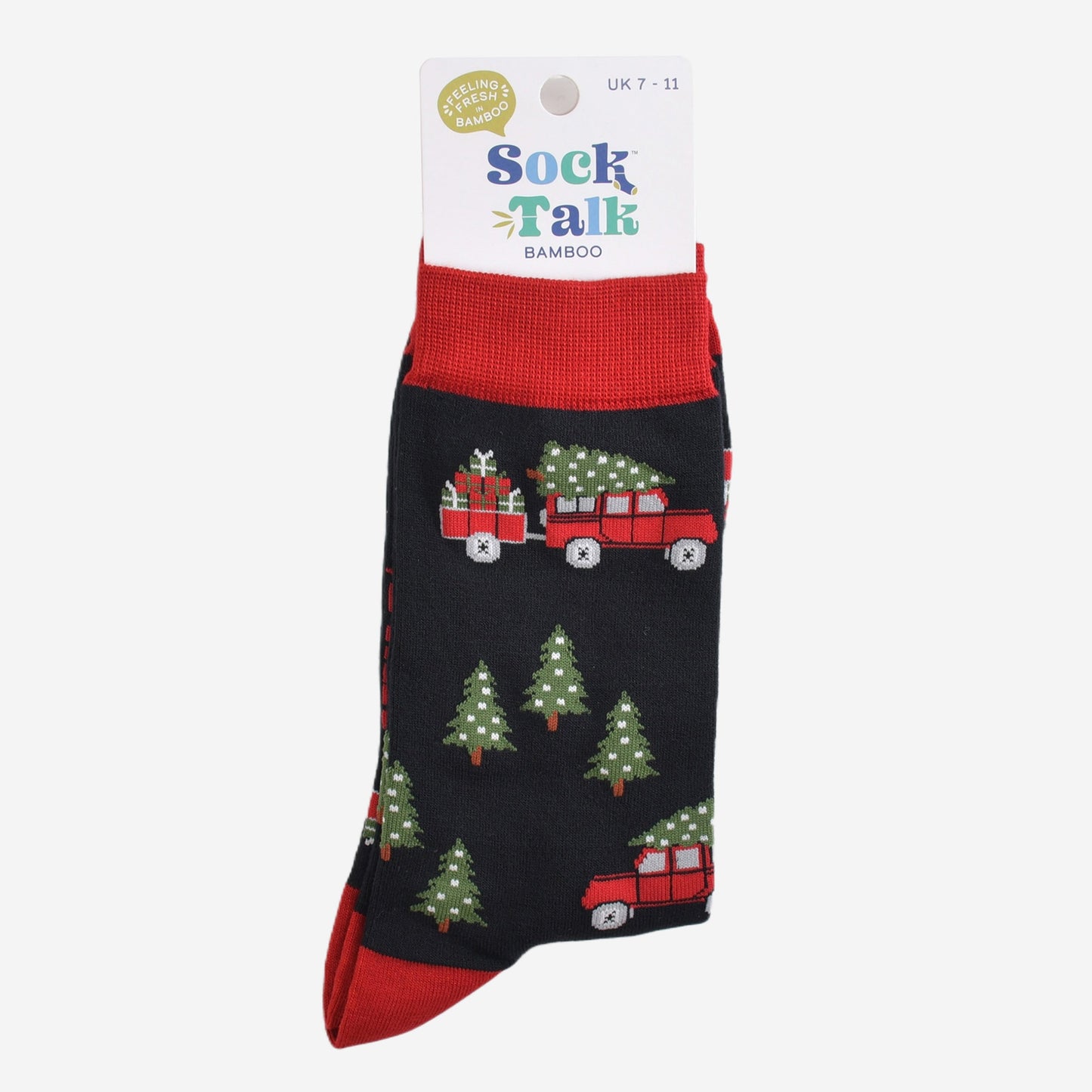 christmas off road vehicle socks in their sock talk packaging, the socks are a uk size 7-11