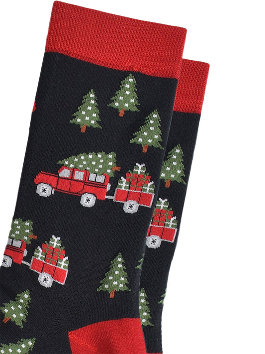 close up of the red off road vehicle, trailer, xmas tree and christmas gift design on the bamboo socks
