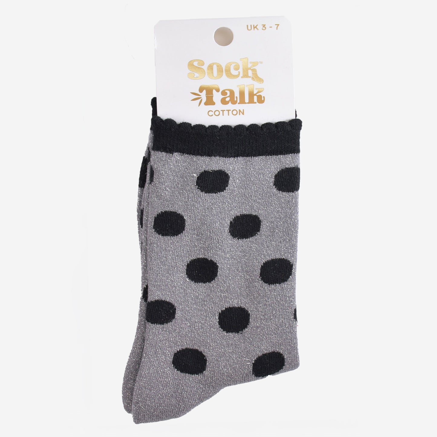 grey and black glitter ankle socks in their sock talk packaging, the socks are a uk size 3-7