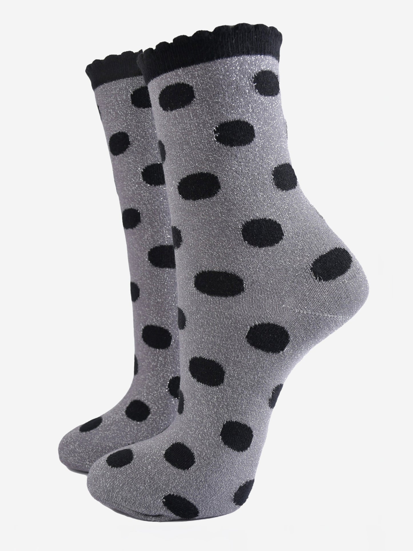 grey ankle socks with an all over black polka dot pattern