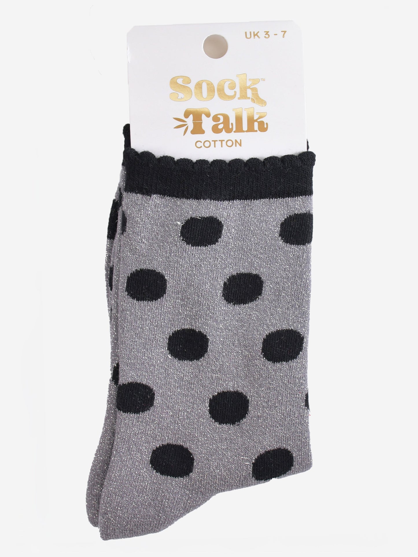 grey and black glitter ankle socks in their sock talk packaging, the socks are a uk size 3-7