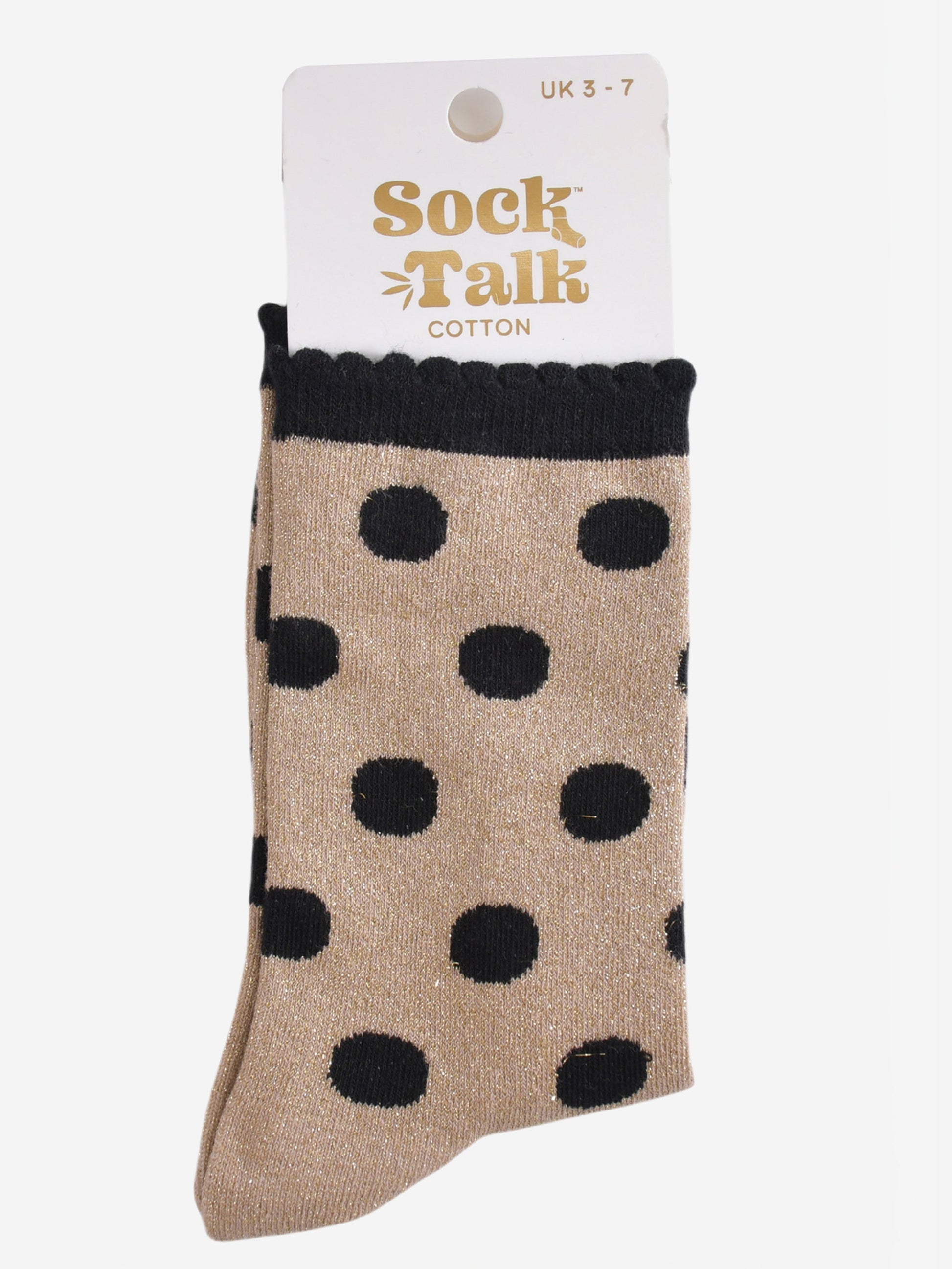 gold and black glitter ankle socks in their sock talk packaging, the socks are a uk size 3-7