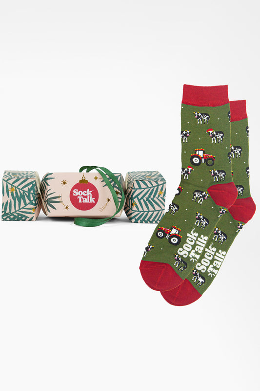 Men's Bamboo Crew Socks Christmas Cracker Gift Box -  Green/Red, Christmas Cow and Tractor