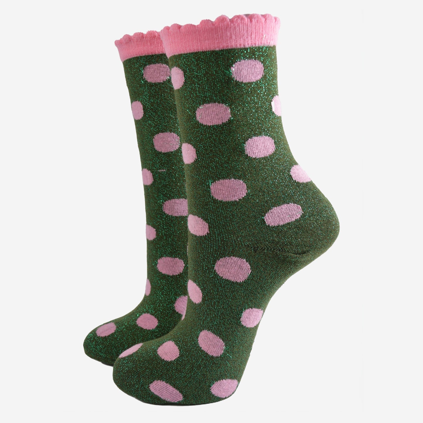 Women's Glitter Socks - Khaki/Light Pink, Medium Polka Dots