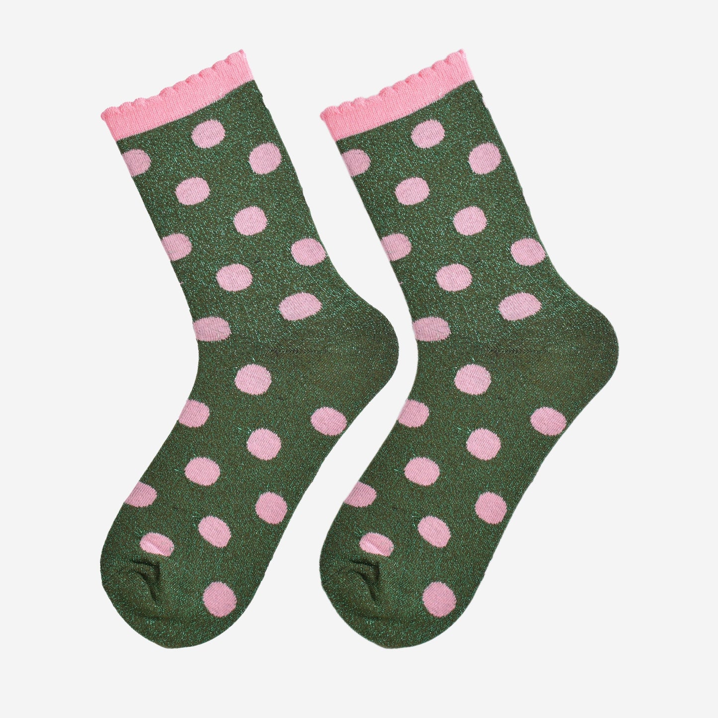 Women's Glitter Socks - Khaki/Light Pink, Medium Polka Dots