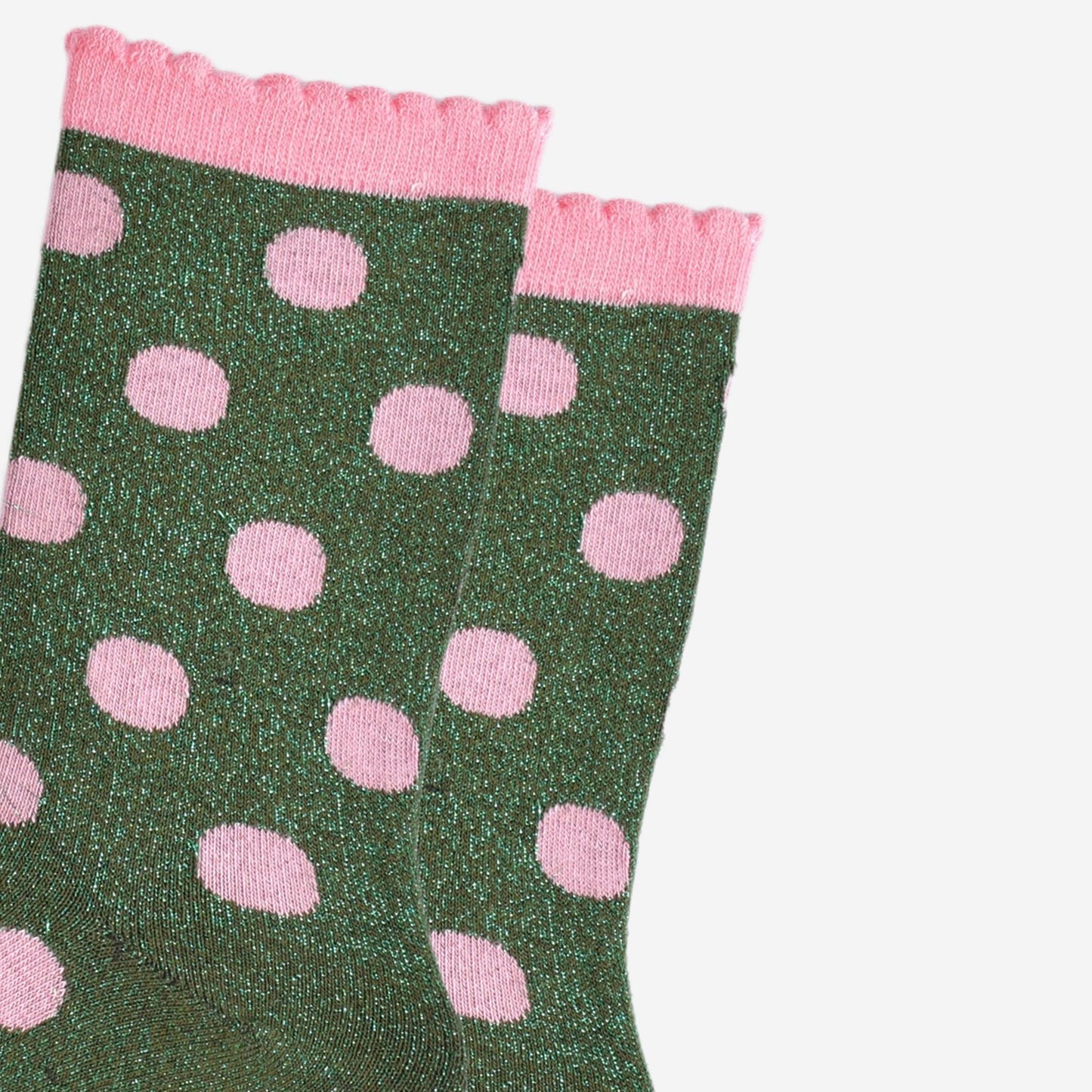 Women's Glitter Socks - Khaki/Light Pink, Medium Polka Dots