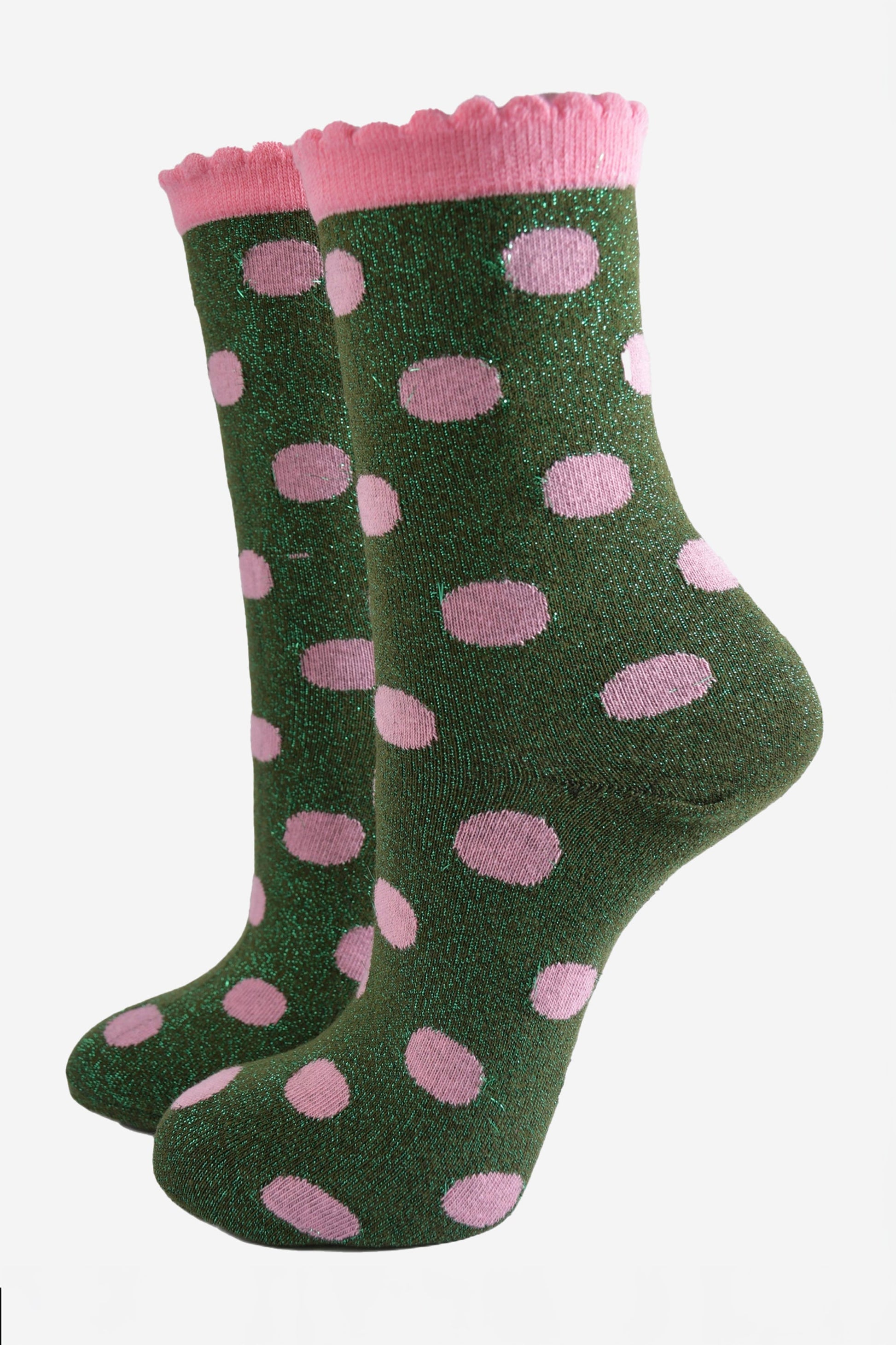 khaki green ankle socks with an all over pink polka dot pattern