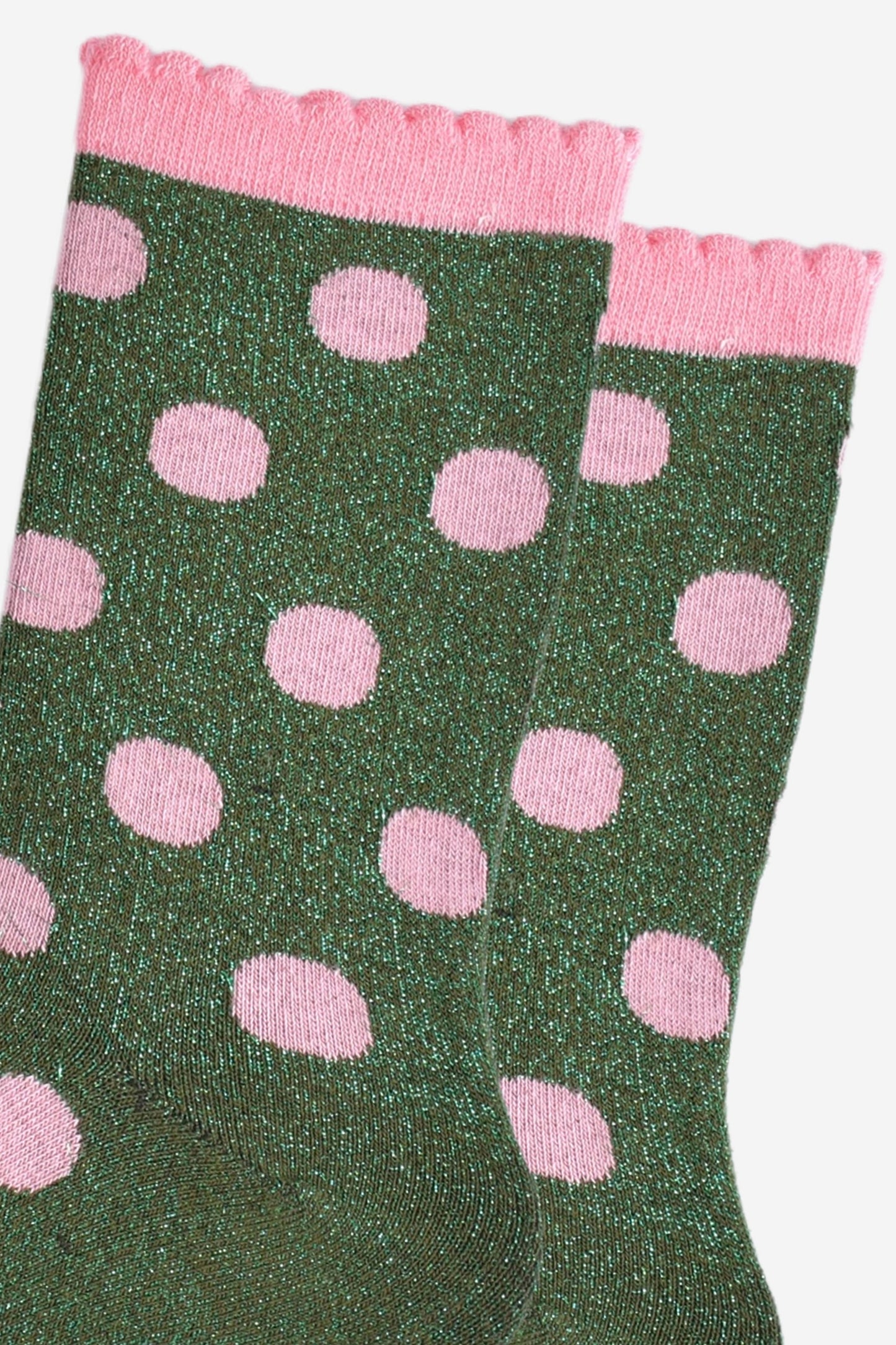 Women's Glitter Socks - Khaki/Light Pink, Medium Polka Dots