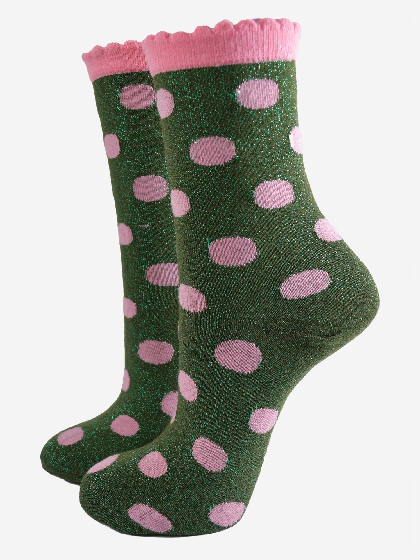 Women's Glitter Socks - Khaki/Light Pink, Medium Polka Dots