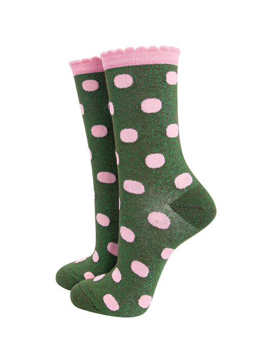 khaki green ankle socks with an all over pink polka dot pattern