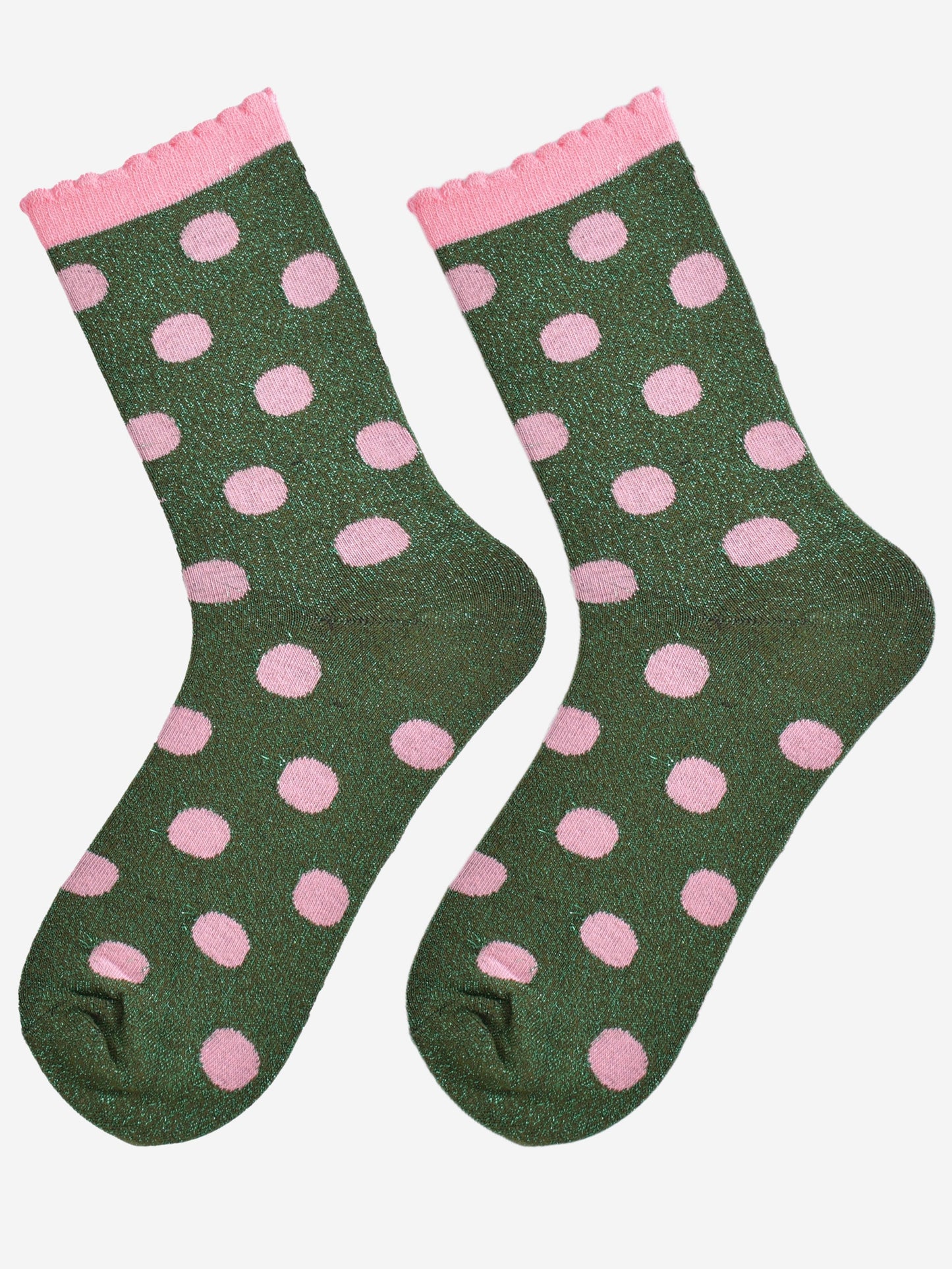 Women's Glitter Socks - Khaki/Light Pink, Medium Polka Dots