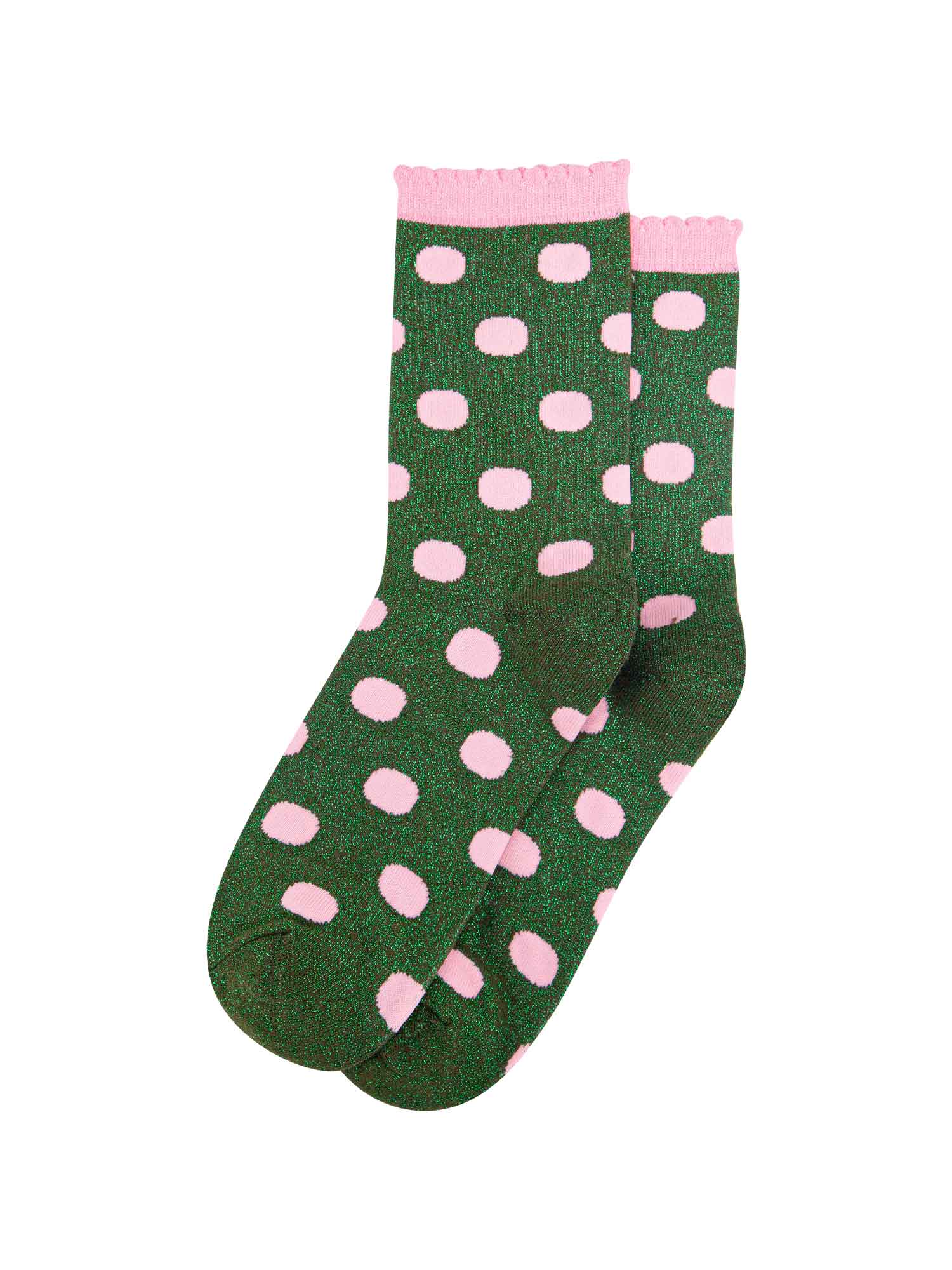 khaki green ankle socks with an all over pink polka dot pattern
