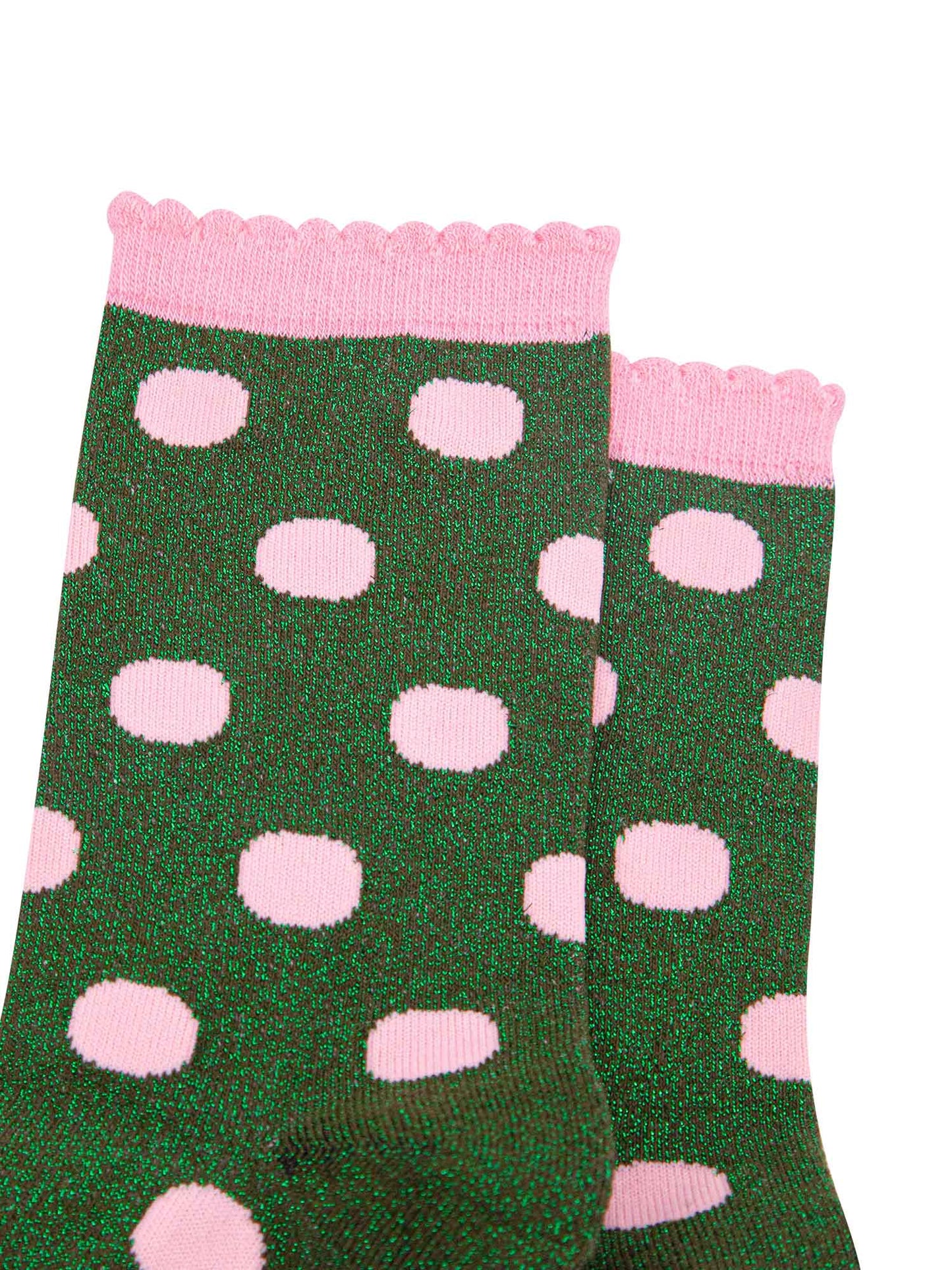 khaki green ankle socks with an all over pink polka dot pattern