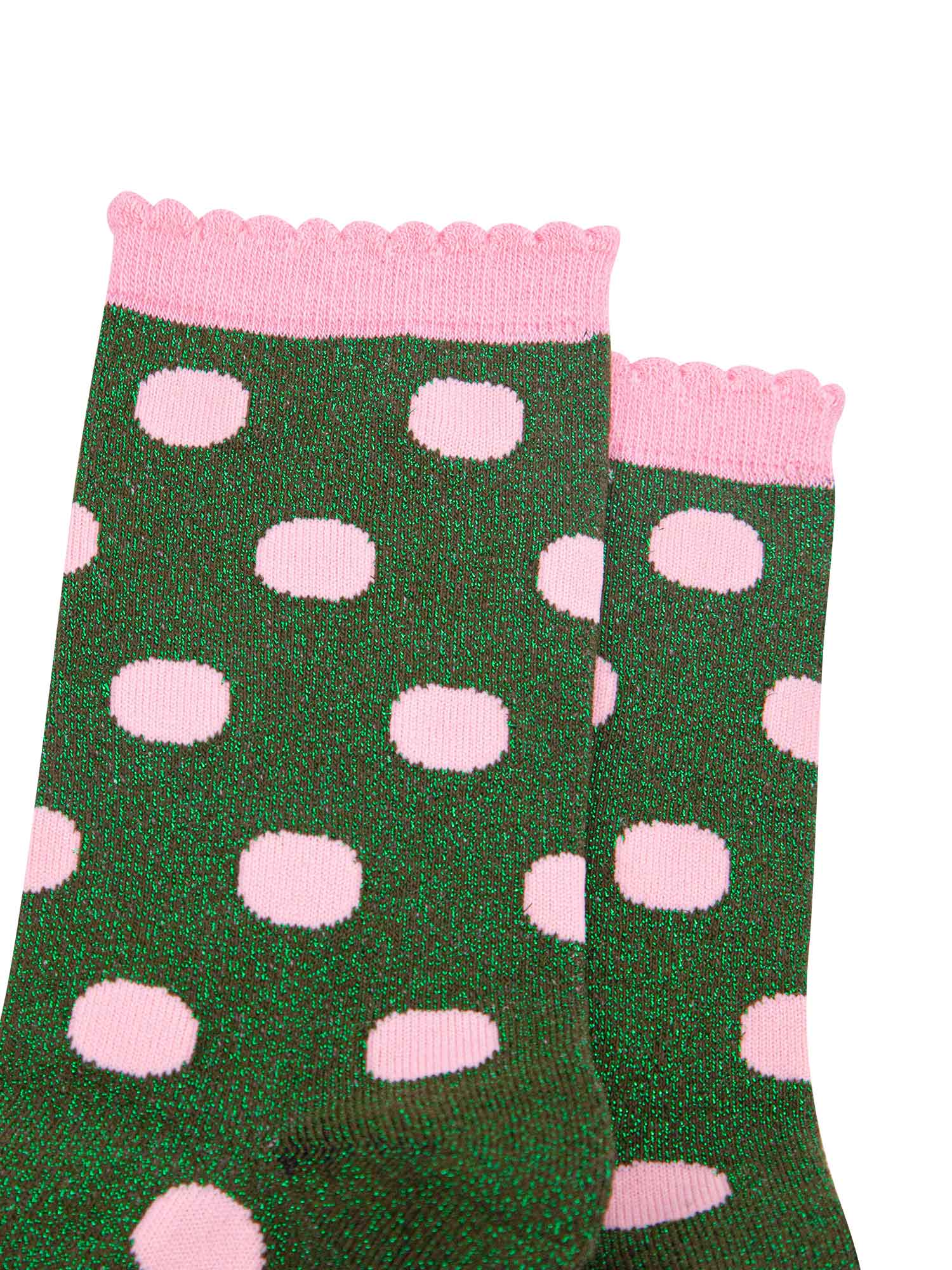 khaki green ankle socks with an all over pink polka dot pattern