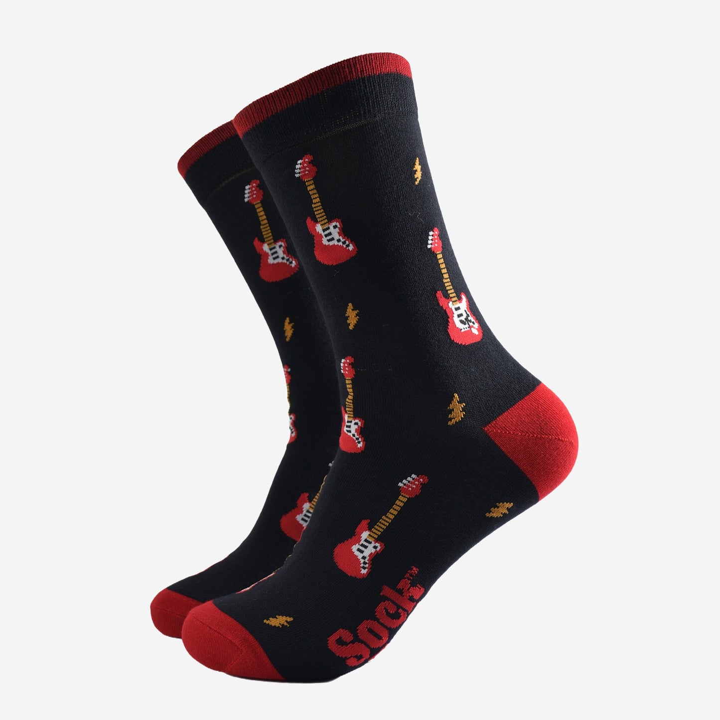 black socks with red heel, toe and cuff with an all over pattern of red electric guitars and yellow lightning bolts