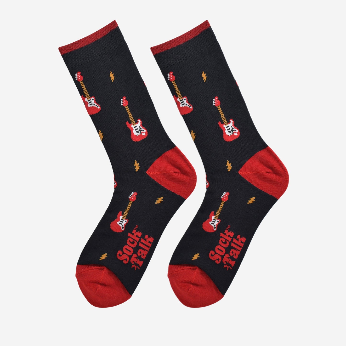 red and black electric guitar bamboo socks laying flat, showing the all over pattern of guitars and yellow lightning bolts