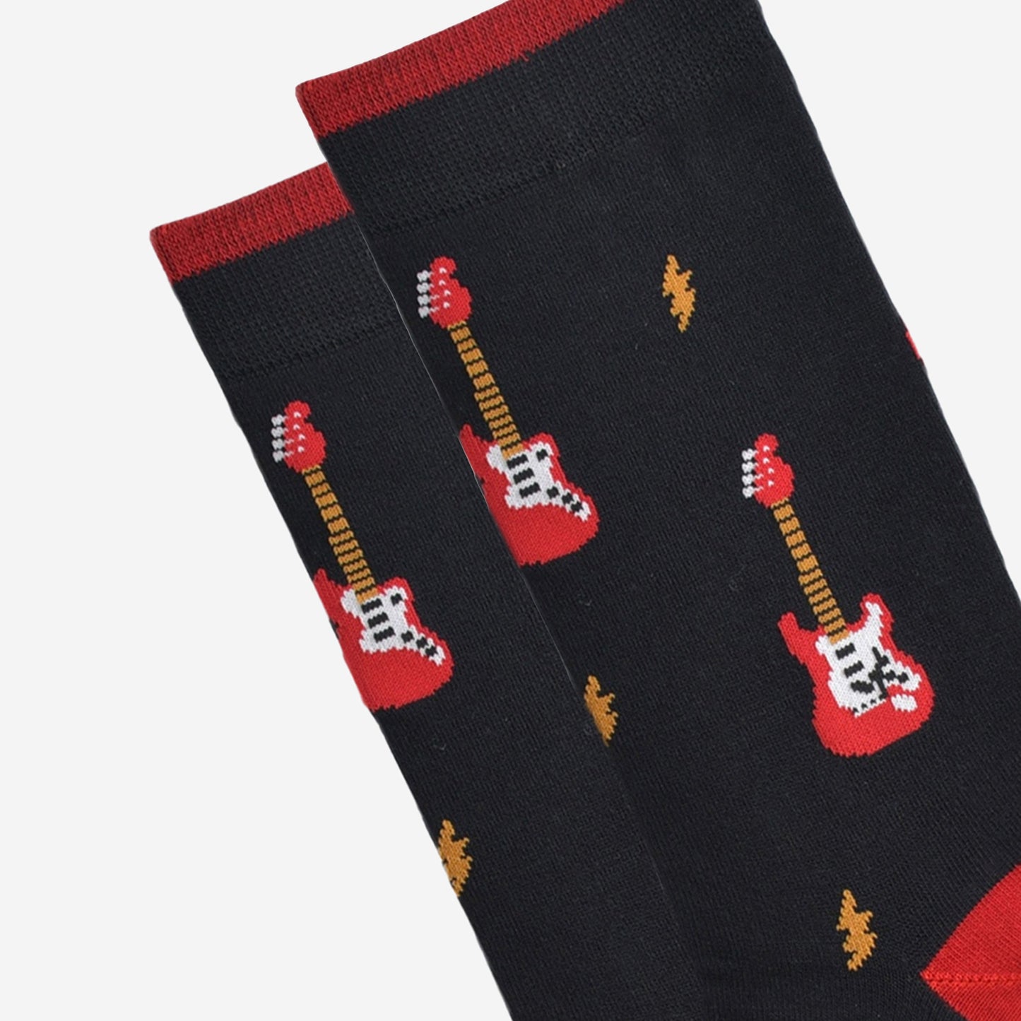 close up of the red electric guitar and lightning bolt pattern on the socks