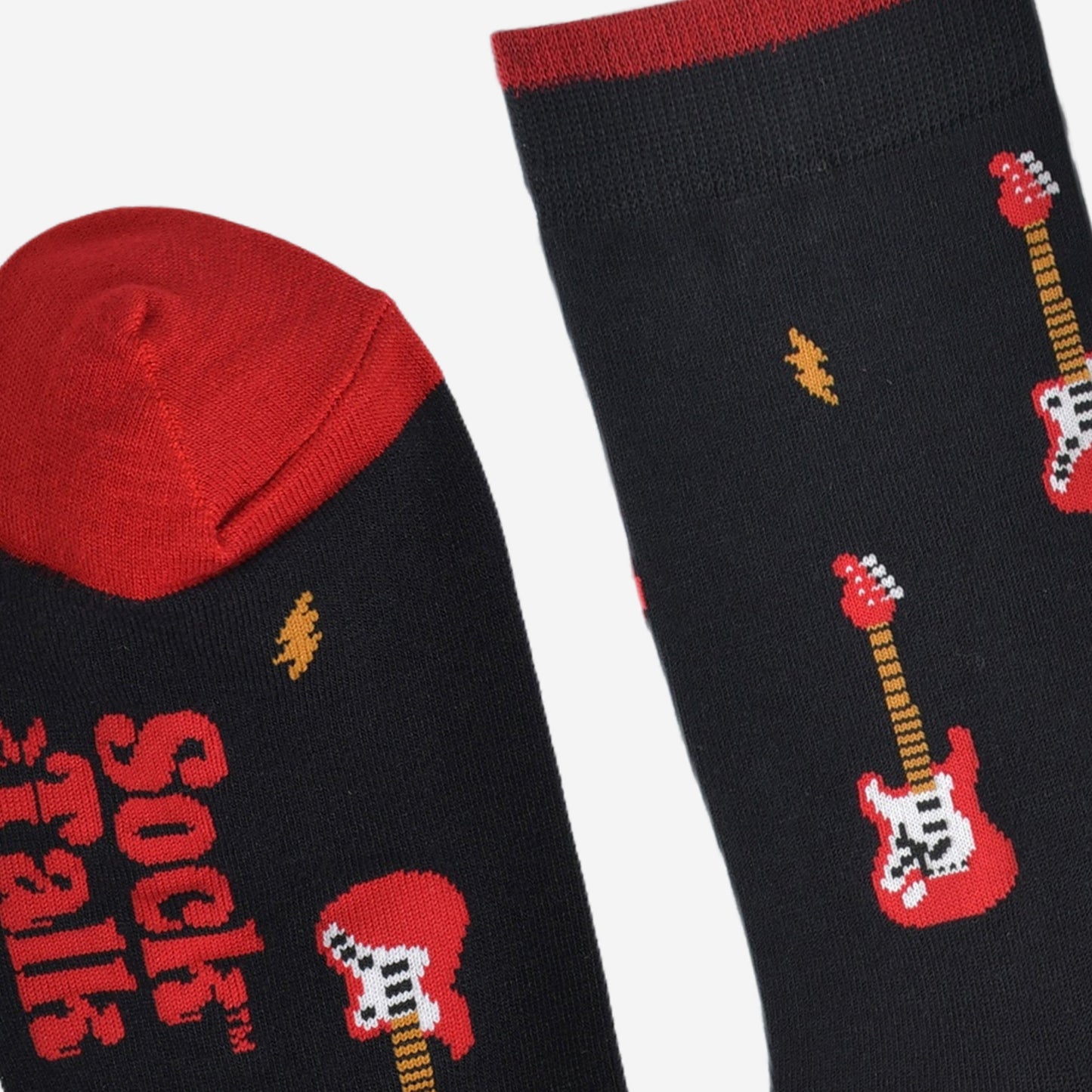 close up of the heel, toe and cuff of the socks, these are red in keeping with the electric guitars