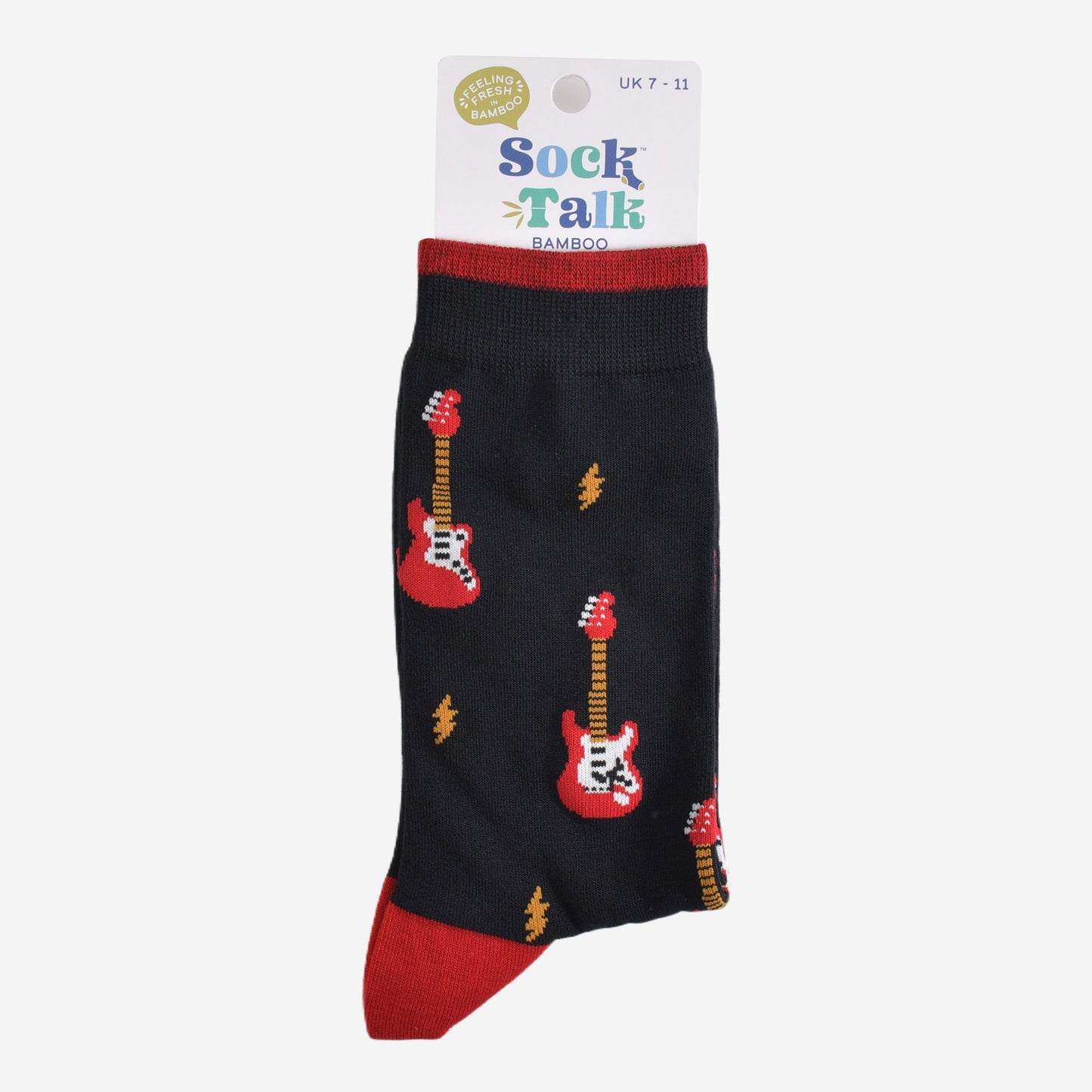 electirc guitar bamboo socks in their sock talk packaging, these socks are a uk size 7-11