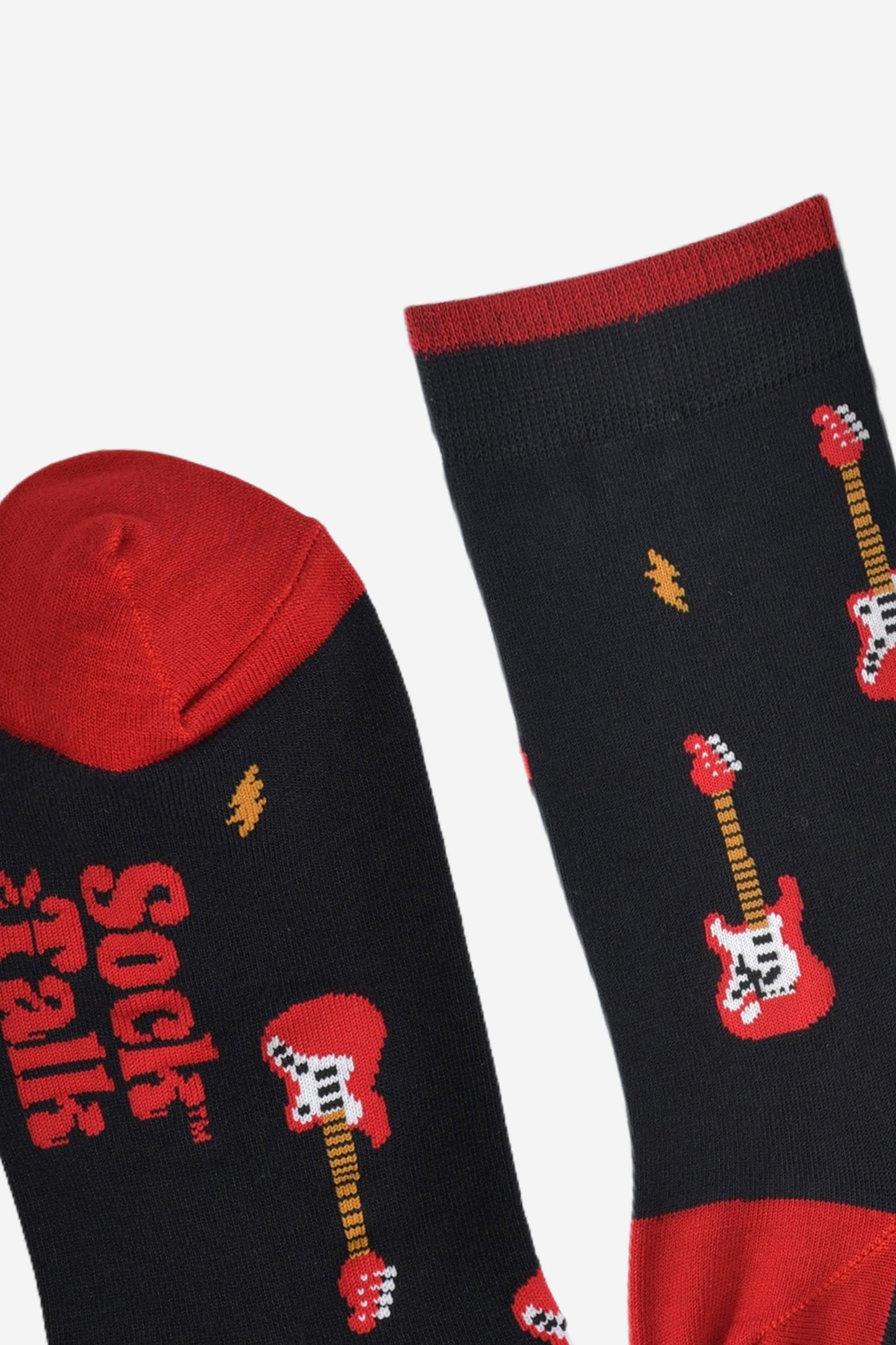 close up of the heel, toe and cuff of the socks, these are red in keeping with the electric guitars