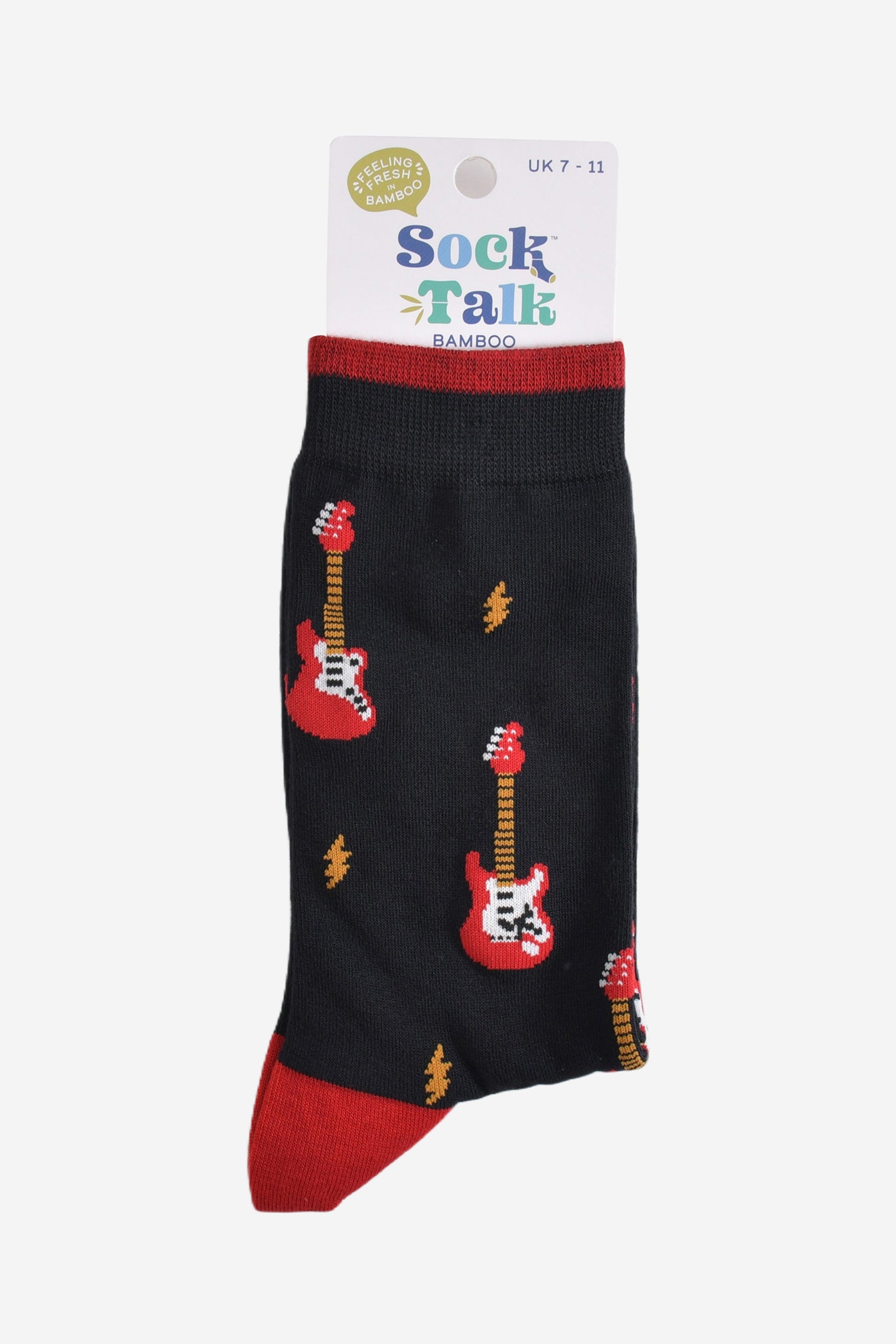 electirc guitar bamboo socks in their sock talk packaging, these socks are a uk size 7-11