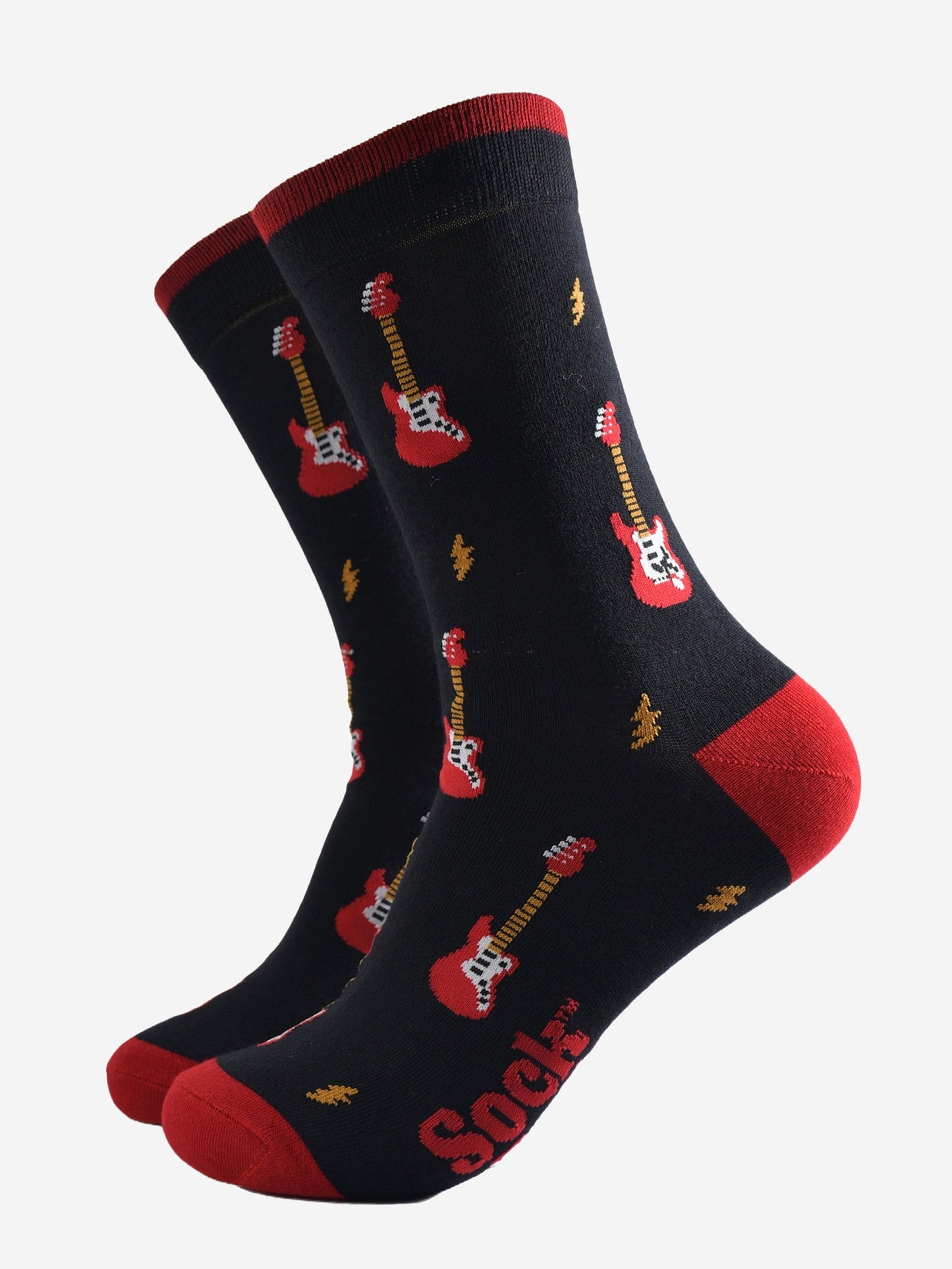 black socks with red heel, toe and cuff with an all over pattern of red electric guitars and yellow lightning bolts