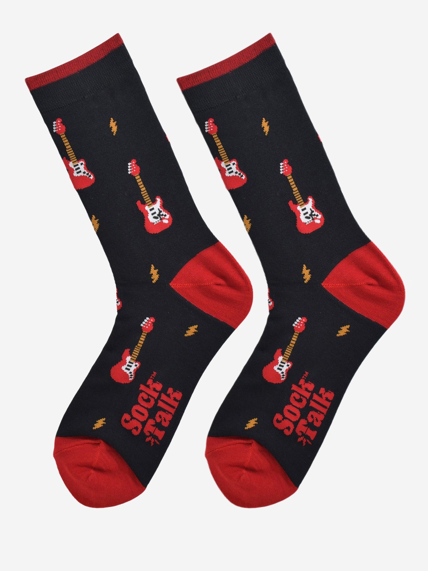 red and black electric guitar bamboo socks laying flat, showing the all over pattern of guitars and yellow lightning bolts