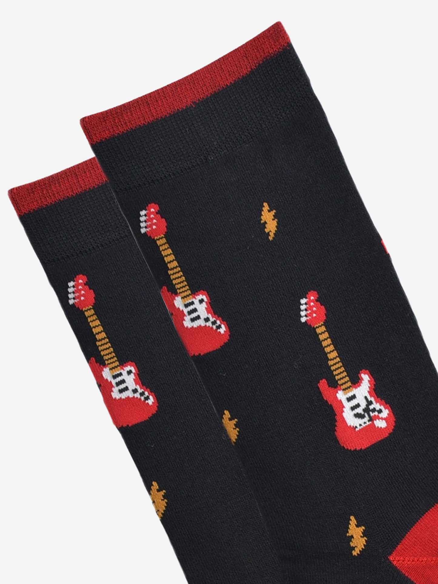 close up of the red electric guitar and lightning bolt pattern on the socks