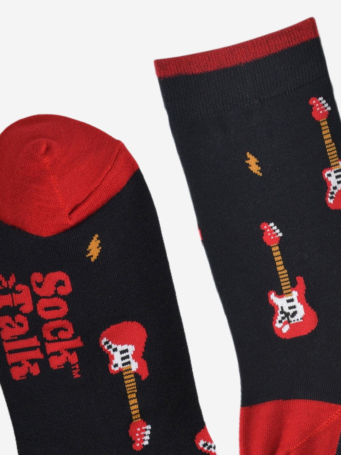 close up of the heel, toe and cuff of the socks, these are red in keeping with the electric guitars