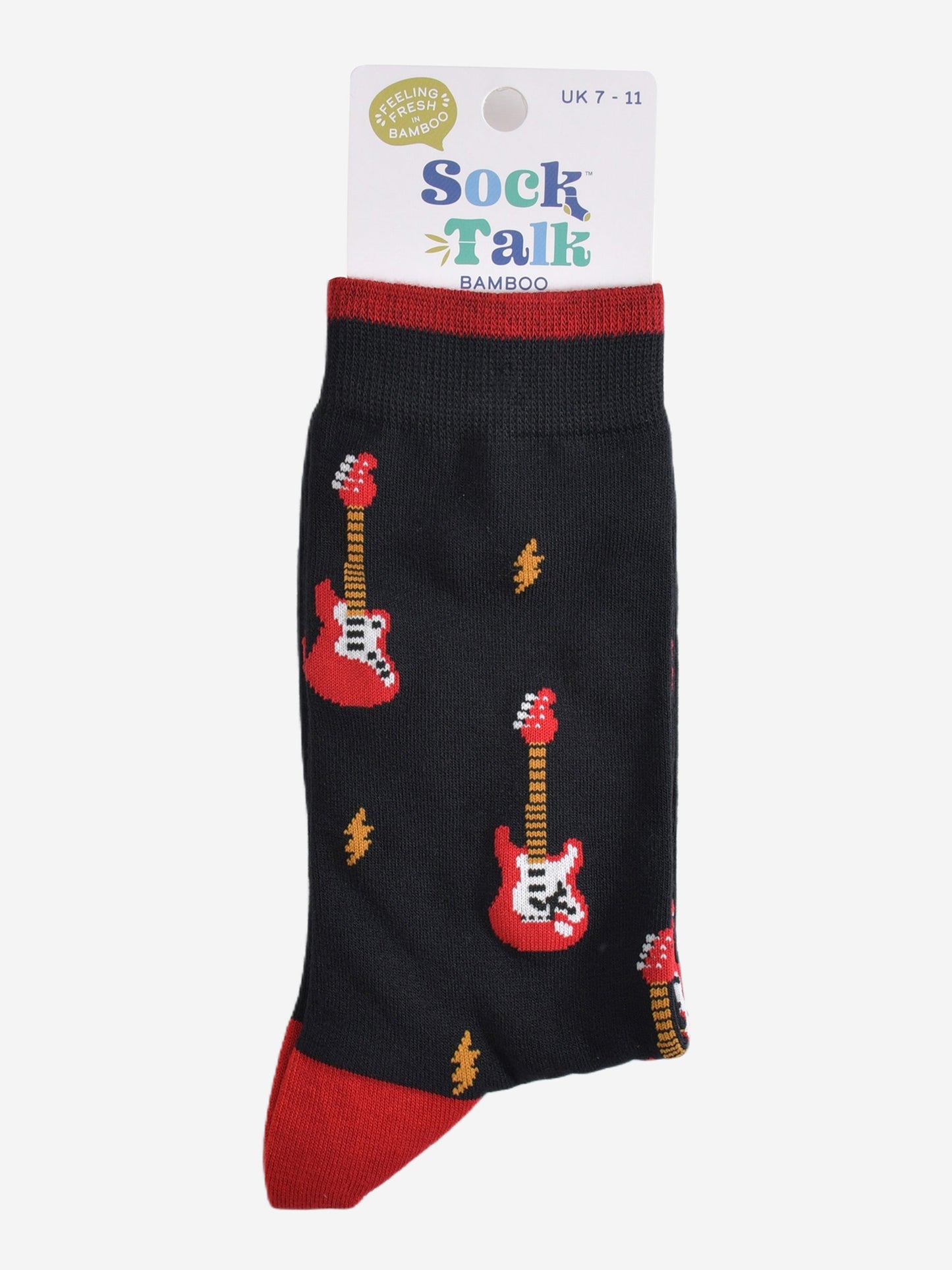 electirc guitar bamboo socks in their sock talk packaging, these socks are a uk size 7-11