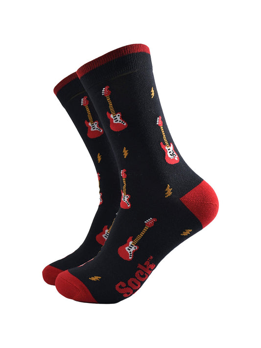 black socks with red heel, toe and cuff with an all over pattern of red electric guitars and yellow lightning bolts