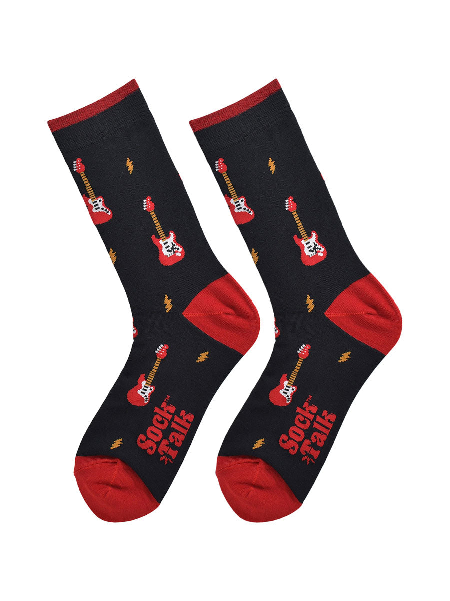 red and black electric guitar bamboo socks laying flat, showing the all over pattern of guitars and yellow lightning bolts