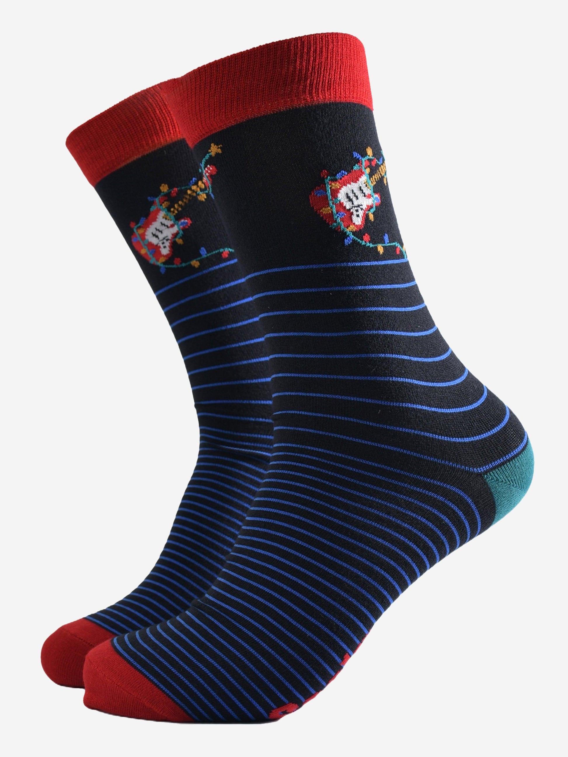 black socks with a blue horizontal pinstripe featuring a red eclectic guitar and festive xmas lights on the ankle
