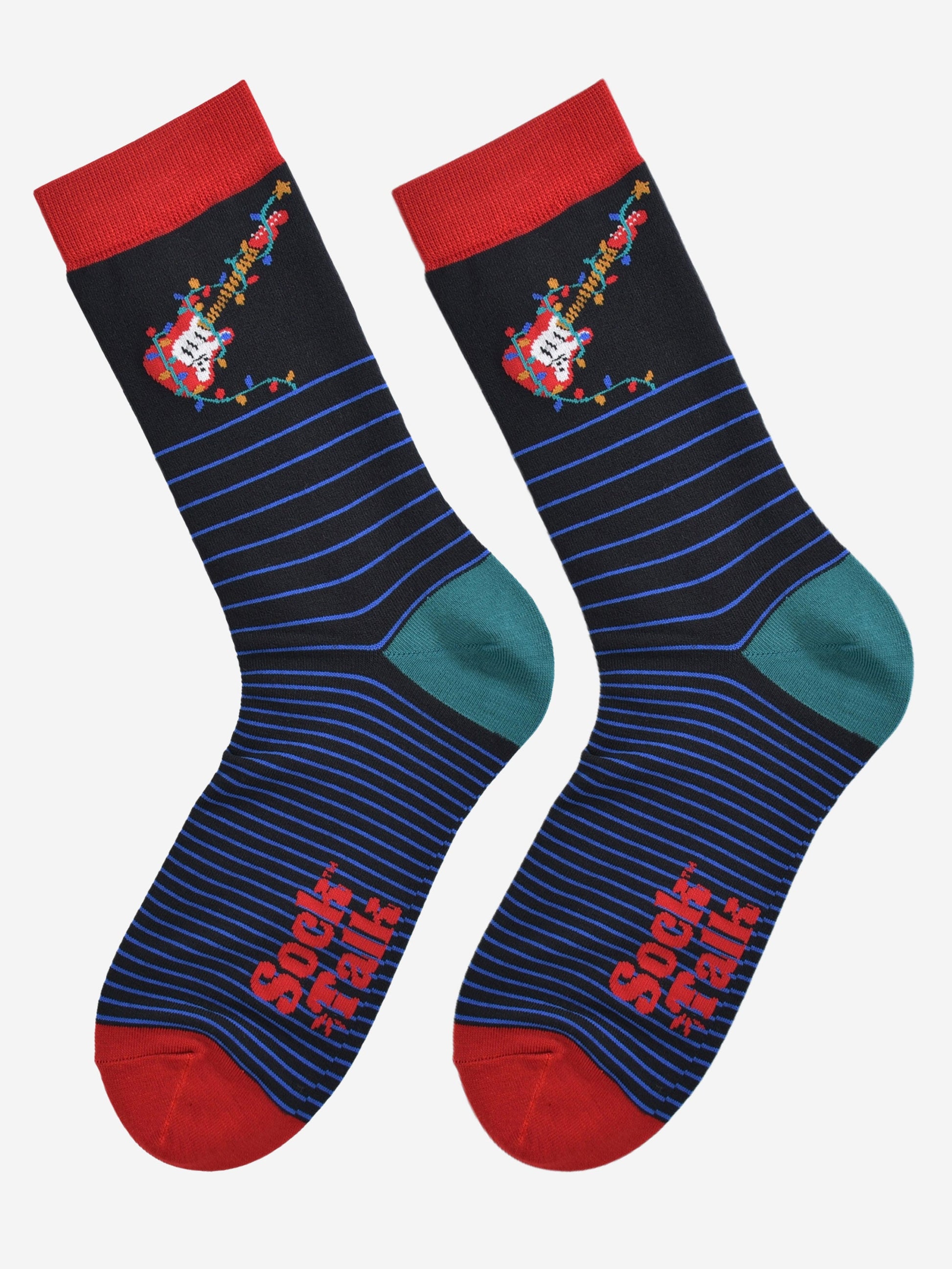 party guitar socks laying flat, showing the bold blue striped pattern and red electic guitar wrapped in xmas party lights on the ankle