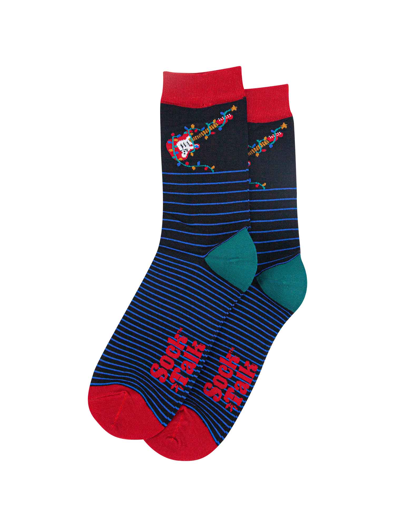 party guitar socks laying flat, showing the bold blue striped pattern and red electic guitar wrapped in xmas party lights on the ankle
